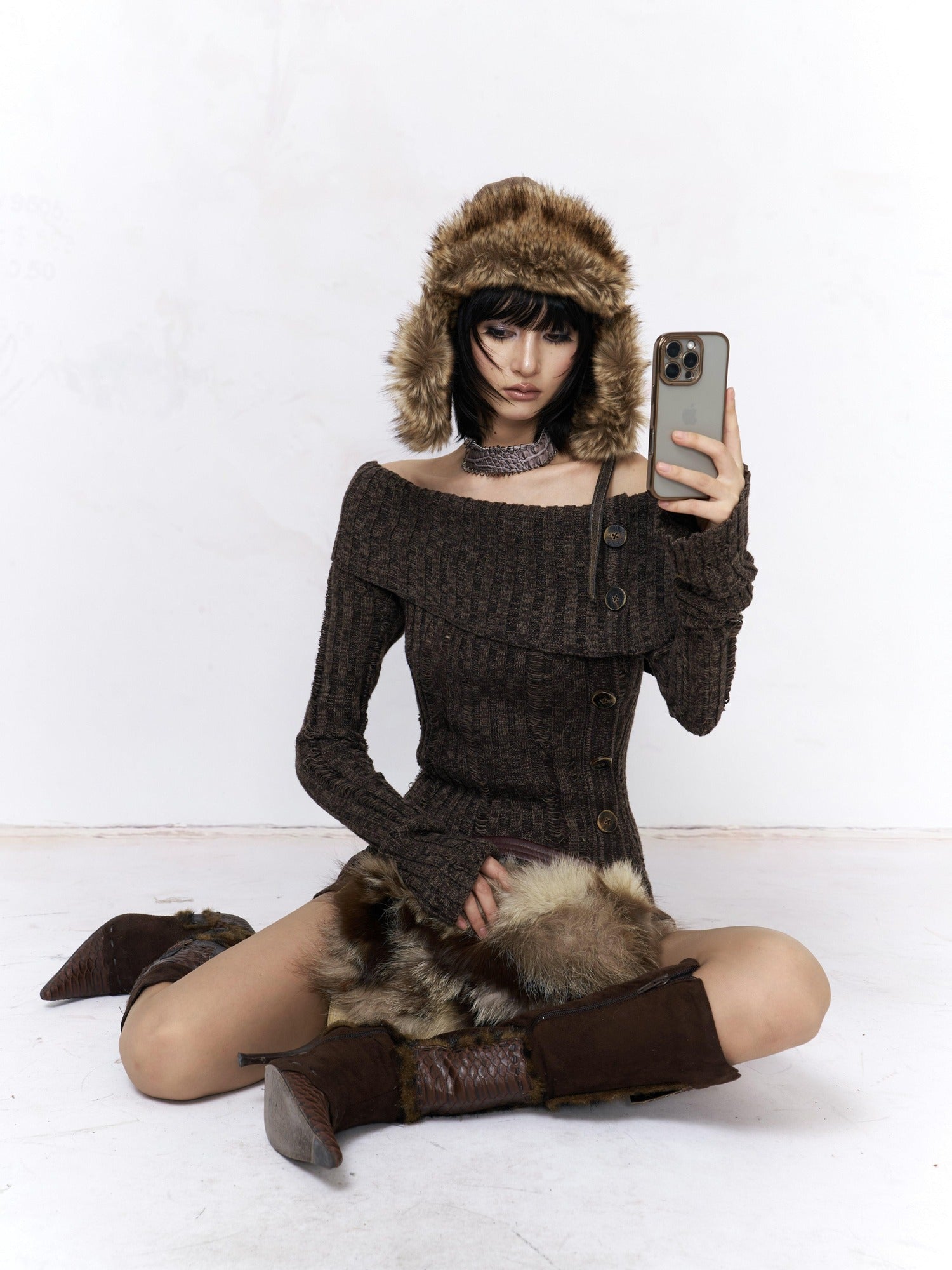 Flowers birds Market Sexy Open Back Distressed One Shoulder Wool Knit Button Detail Women Sweaters