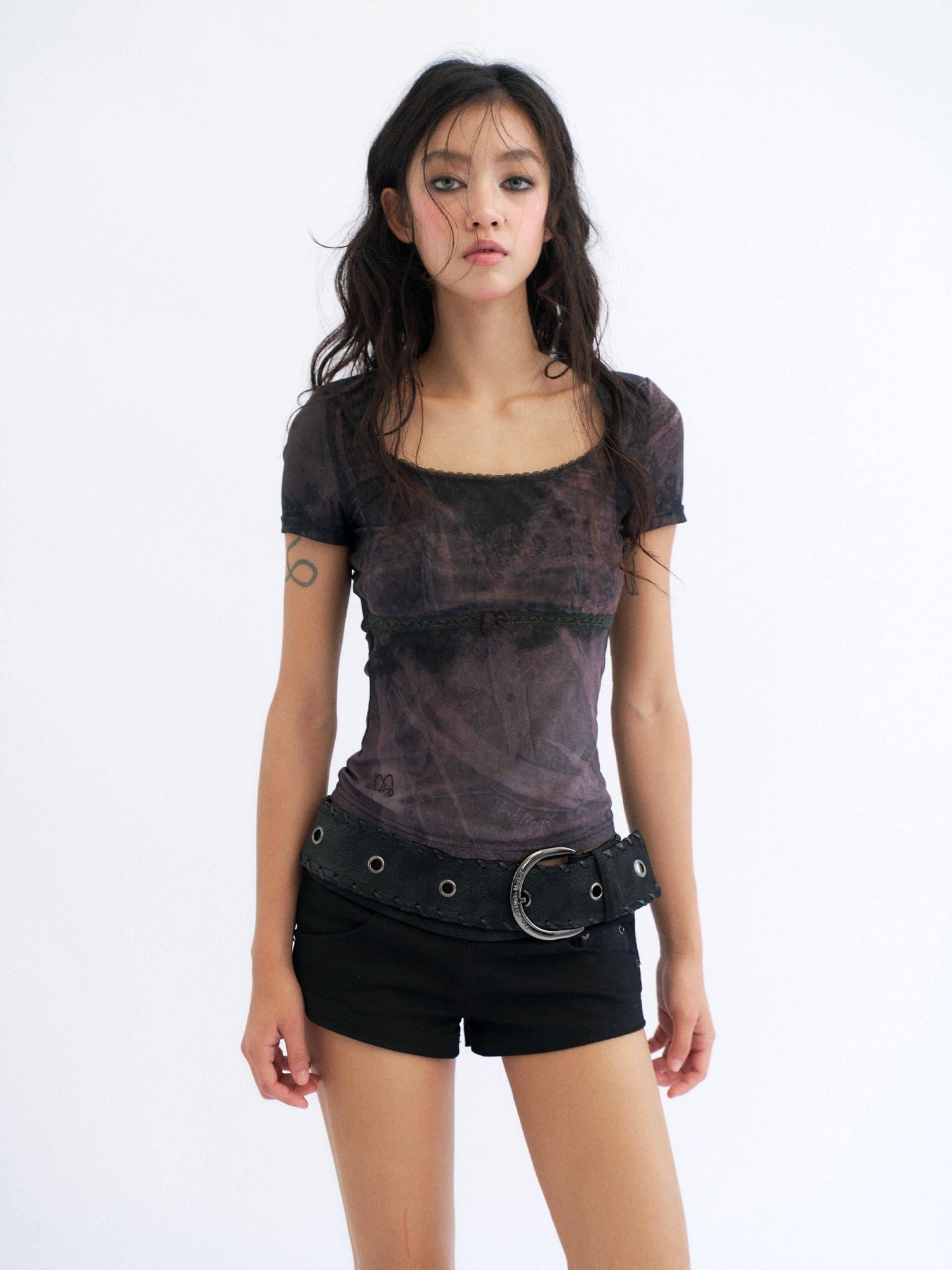 Flowers birds Market Sexy Slim Fit Mesh Lace Women Butterfly Print Crop Short Sleeve T-Shirts