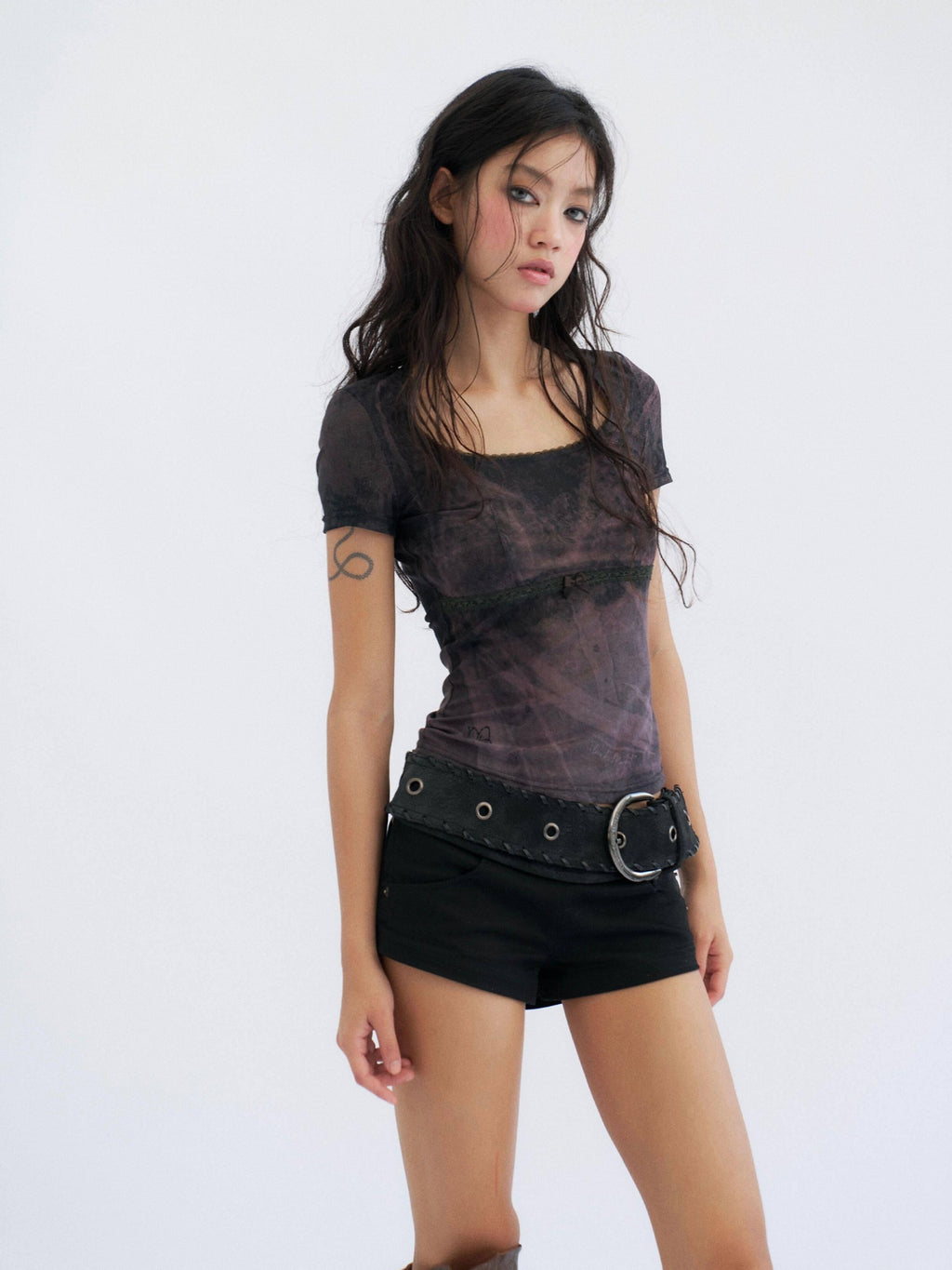Flowers birds Market Sexy Slim Fit Mesh Lace Women Butterfly Print Crop Short Sleeve T-Shirts