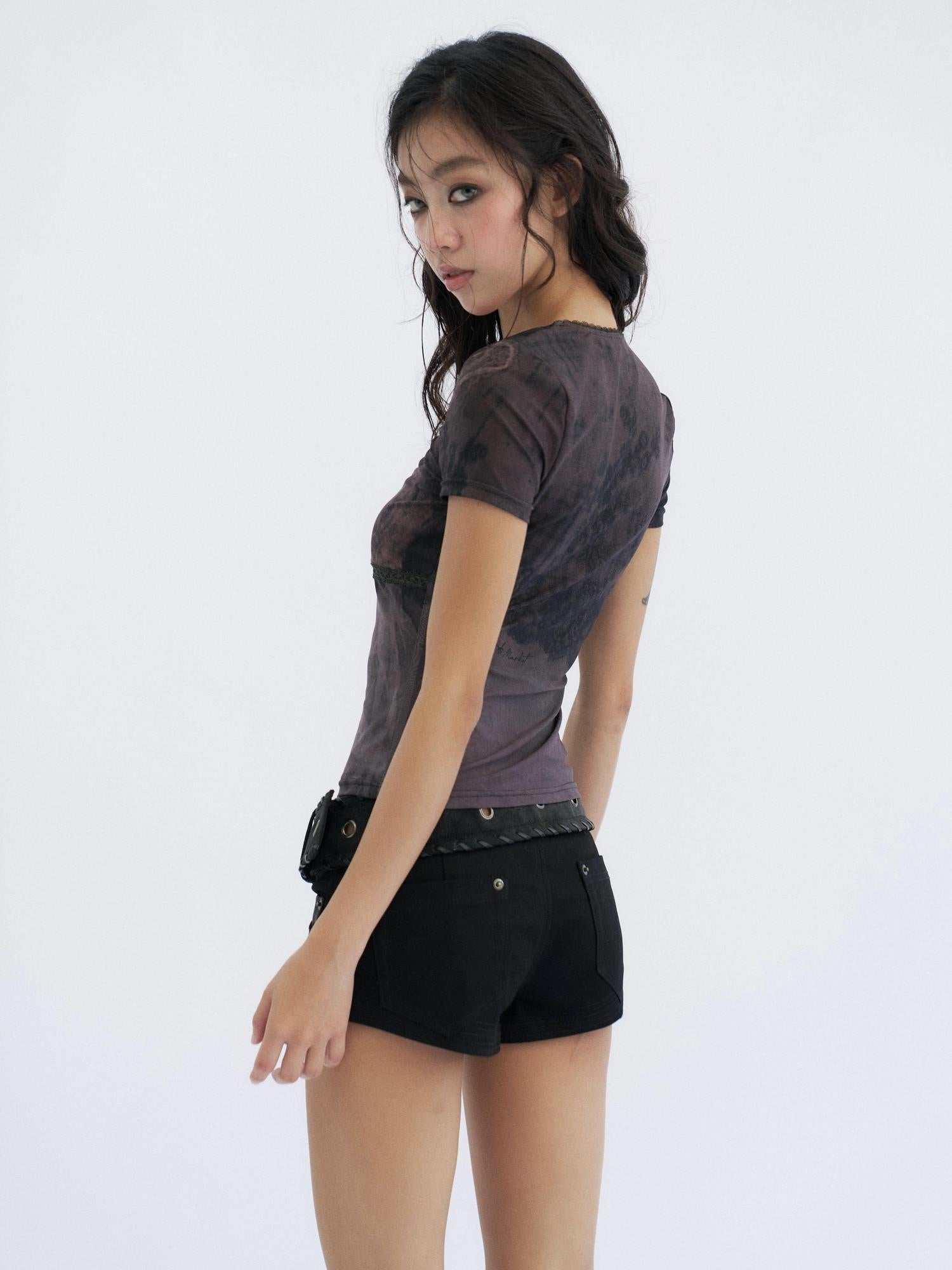 Flowers birds Market Sexy Slim Fit Mesh Lace Women Butterfly Print Crop Short Sleeve T-Shirts