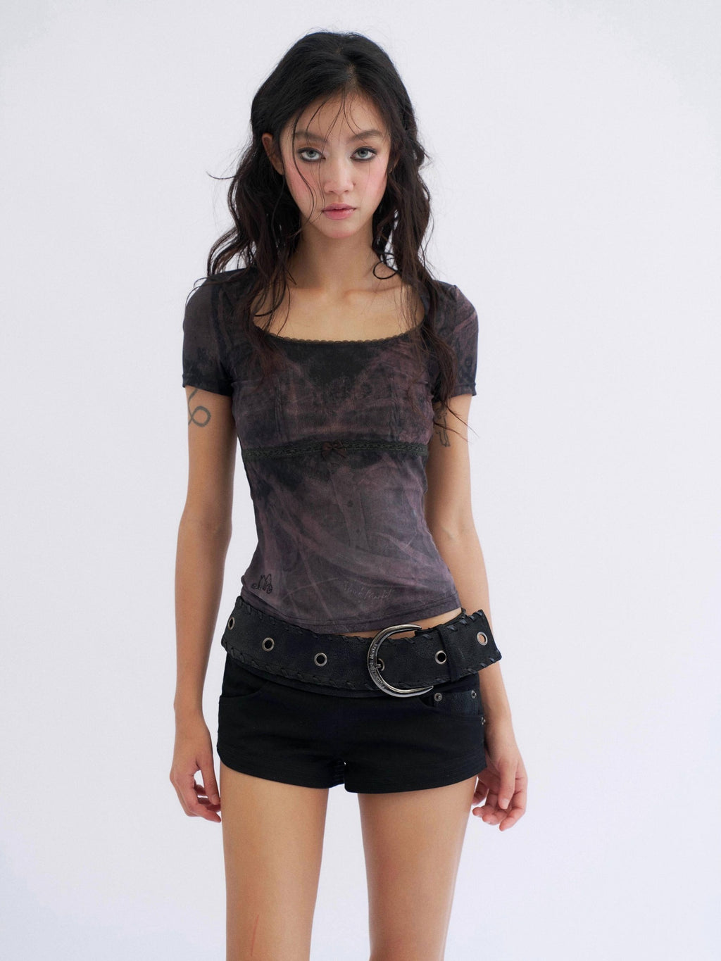 Flowers birds Market Sexy Slim Fit Mesh Lace Women Butterfly Print Crop Short Sleeve T-Shirts