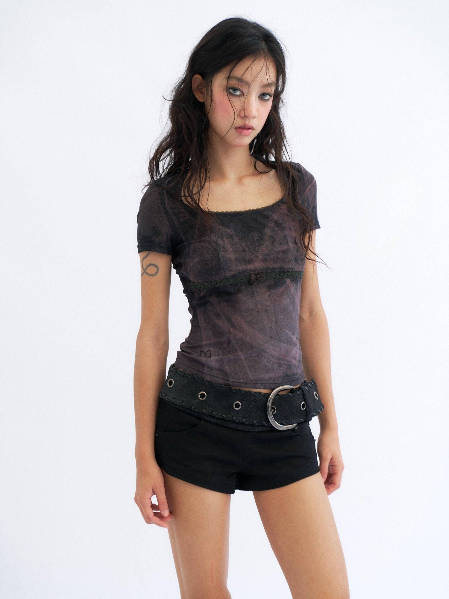 Flowers birds Market Sexy Slim Fit Mesh Lace Women Butterfly Print Crop Short Sleeve T-Shirts