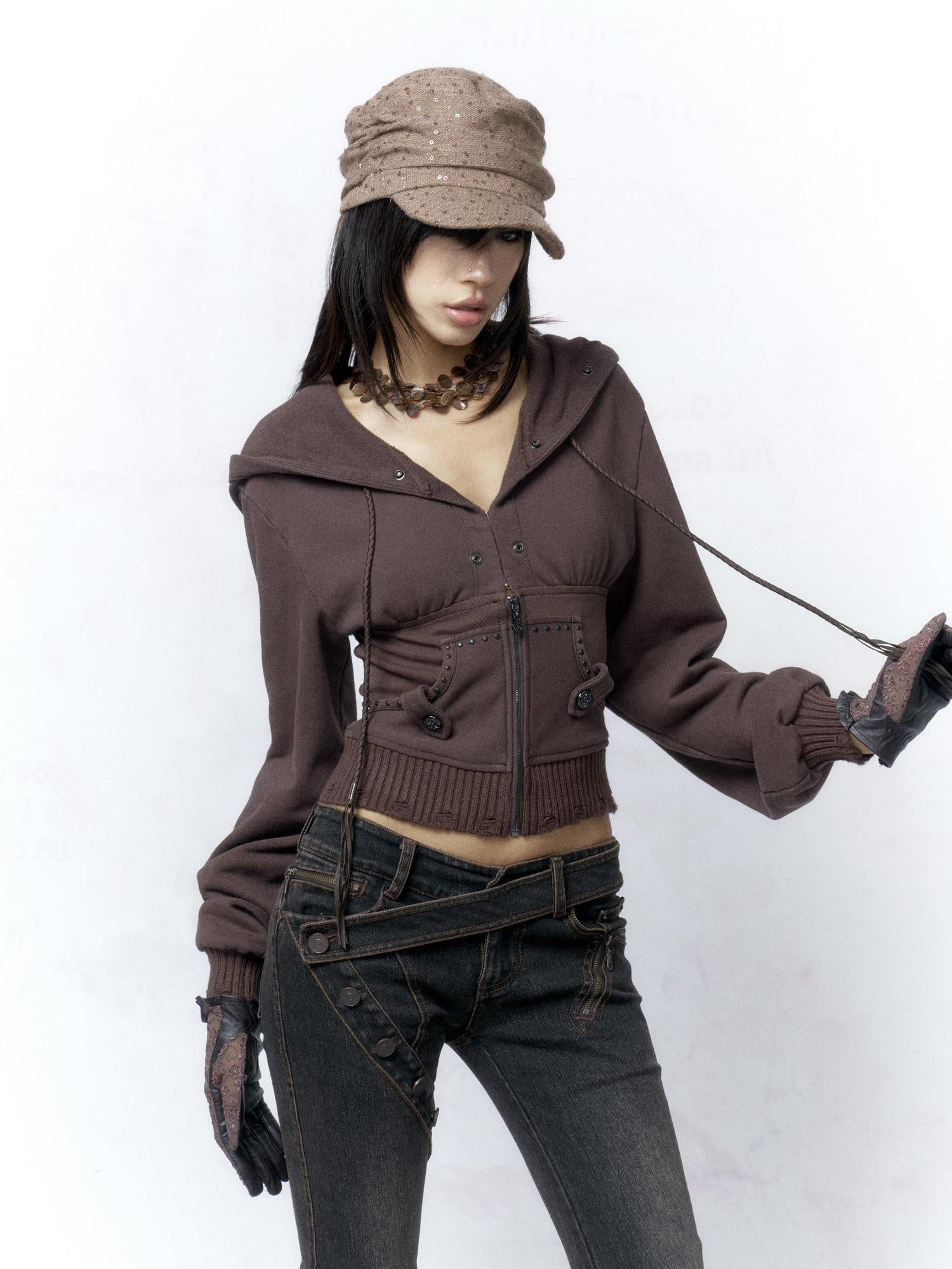 Flowers birds Market Slim Fit Cotton Zip Up Cropped Commuter Style Women Solid Long Sleeve Hoodies
