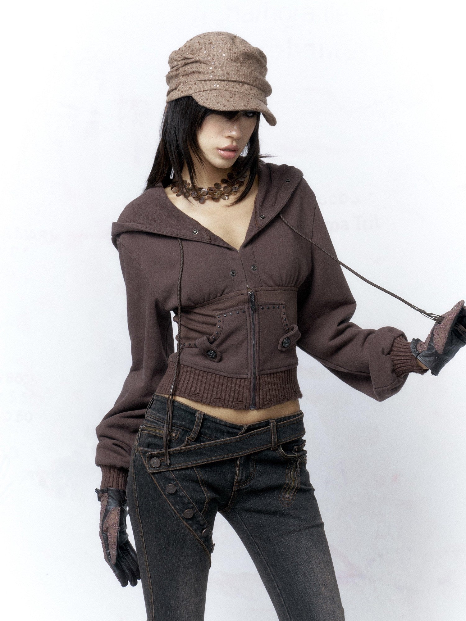 Flowers birds Market Slim Fit Cotton Zip Up Cropped Commuter Style Women Solid Long Sleeve Hoodies