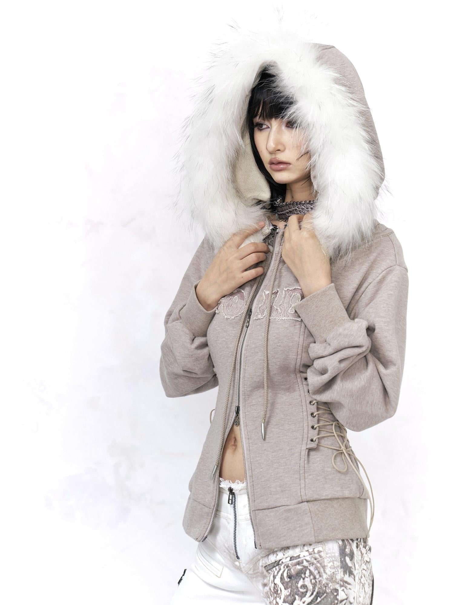 Flowers birds Market Slim Fit Cotton Zip Up Hooded Commuter Women Warm Gray Hoodies