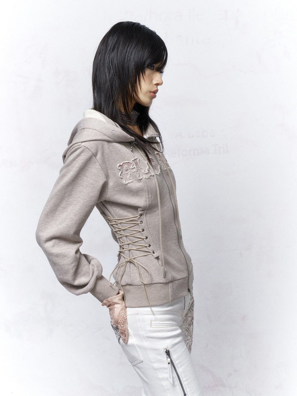 Flowers birds Market Slim Fit Cotton Zip Up Hooded Commuter Women Warm Gray Hoodies