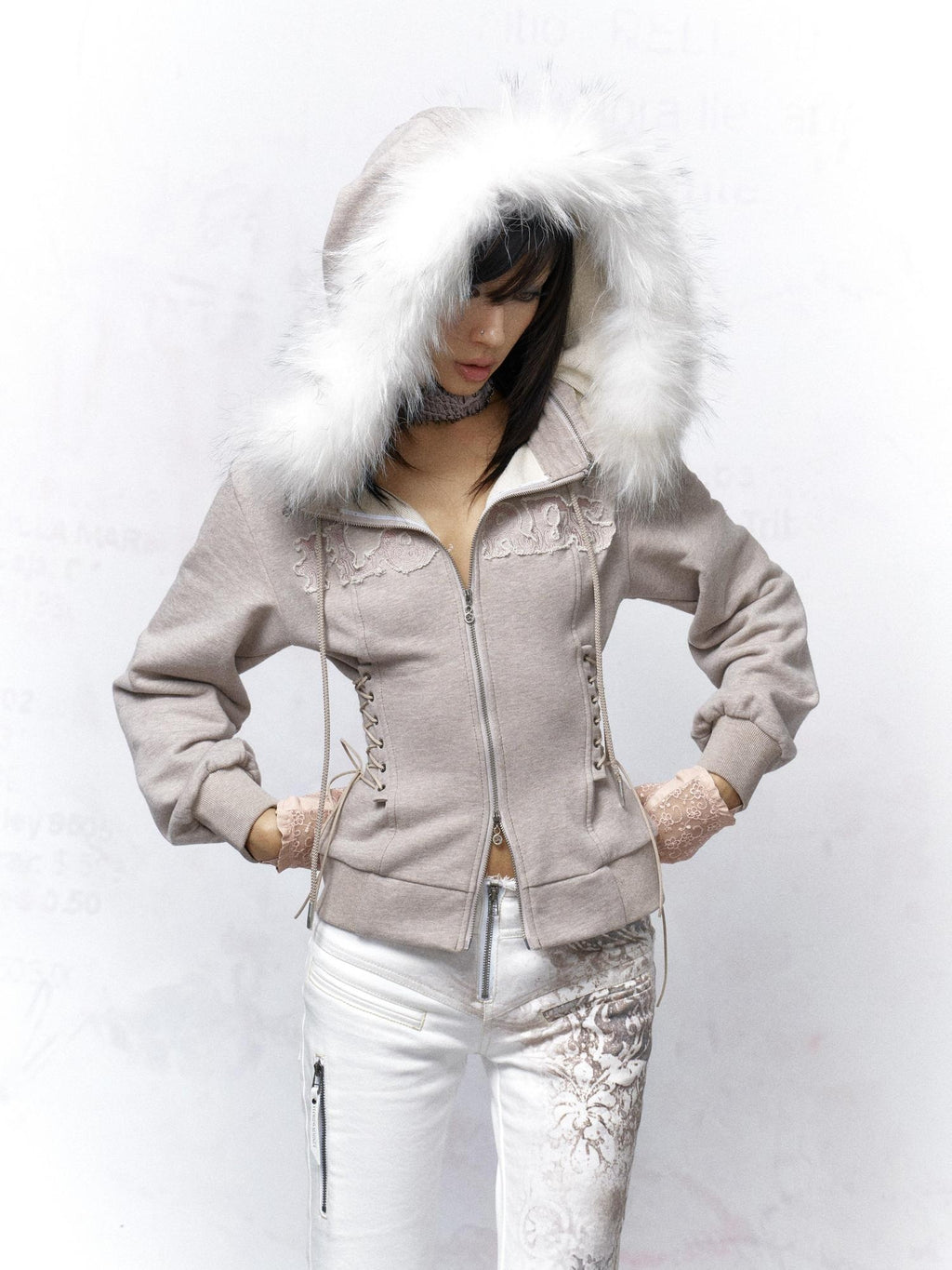 Flowers birds Market Slim Fit Cotton Zip Up Hooded Commuter Women Warm Gray Hoodies