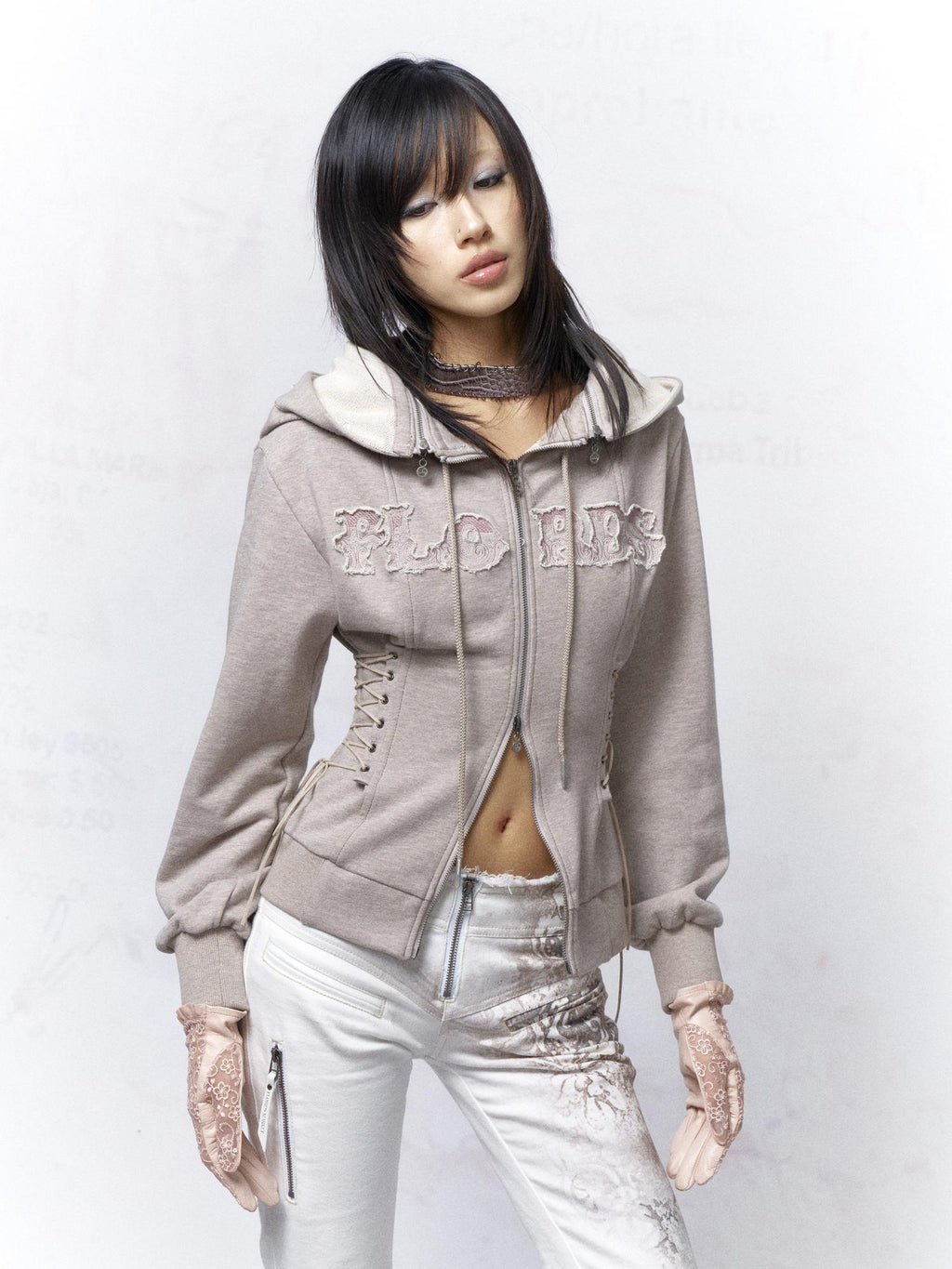 Flowers birds Market Slim Fit Cotton Zip Up Hooded Commuter Women Warm Gray Hoodies