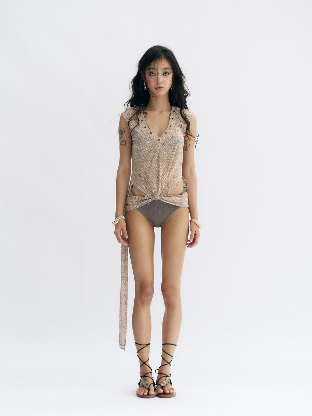 Flowers birds Market Slim Stretch Polyester Commuter Layering For Women Solid Beige Basic Tank Tops