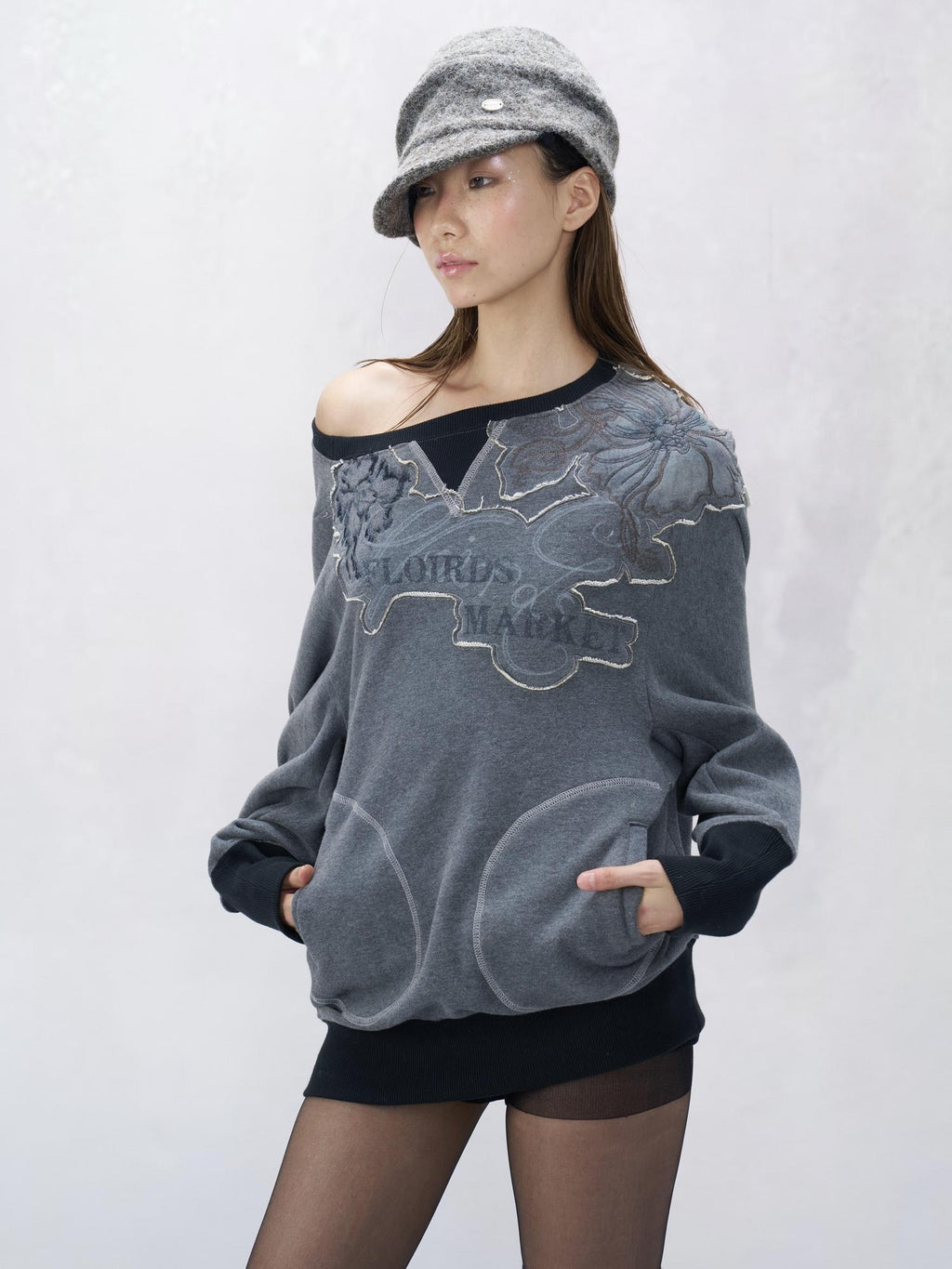 Flowers birds Market Soft Cotton Oversized Asymmetric Collar Commuter Women Floral Sweatshirts