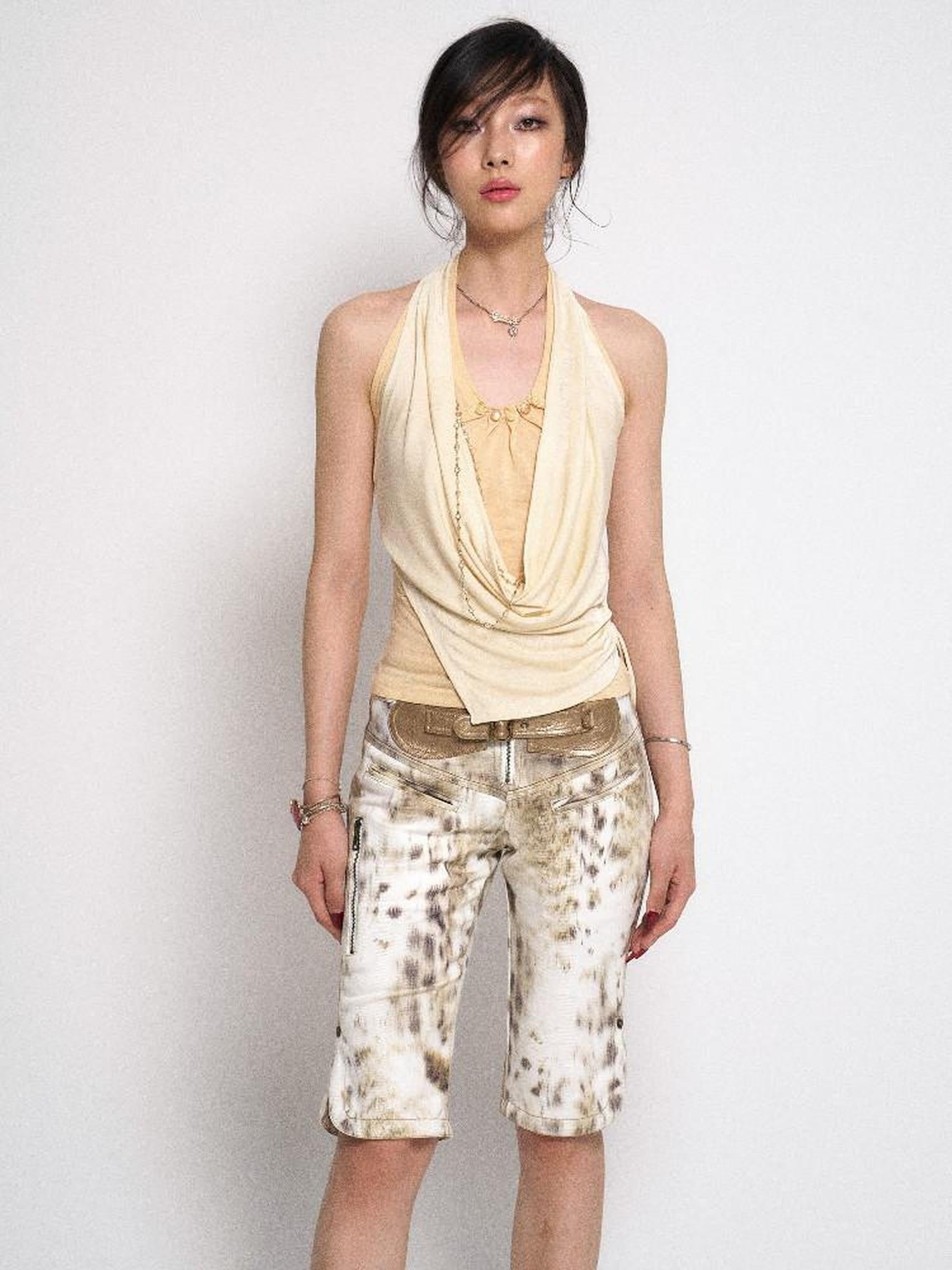 Flowers birds Market Soft Lyocell Ruched Halter Slim Backless Tie Asymmetric Cream Women Tank Tops