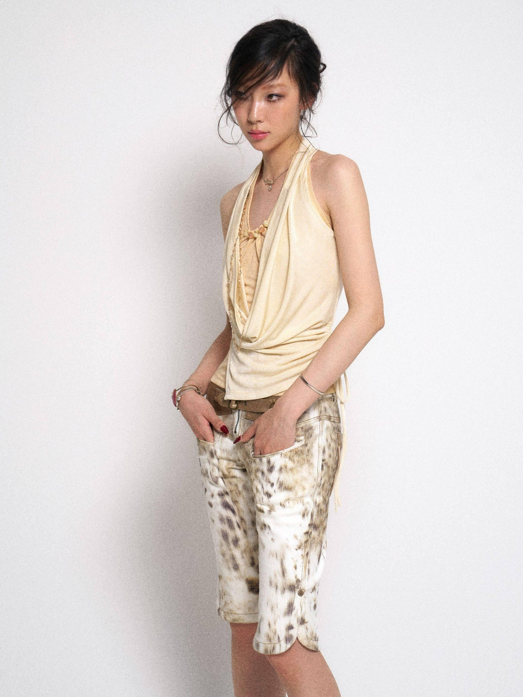 Flowers birds Market Soft Lyocell Ruched Halter Slim Backless Tie Asymmetric Cream Women Tank Tops