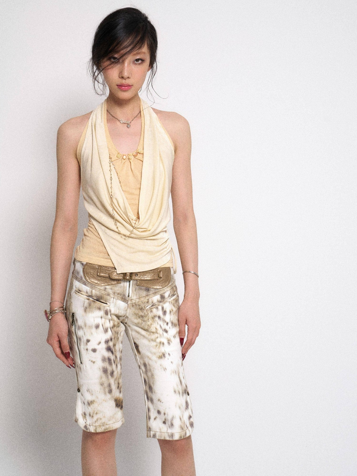 Flowers birds Market Soft Lyocell Ruched Halter Slim Backless Tie Asymmetric Cream Women Tank Tops