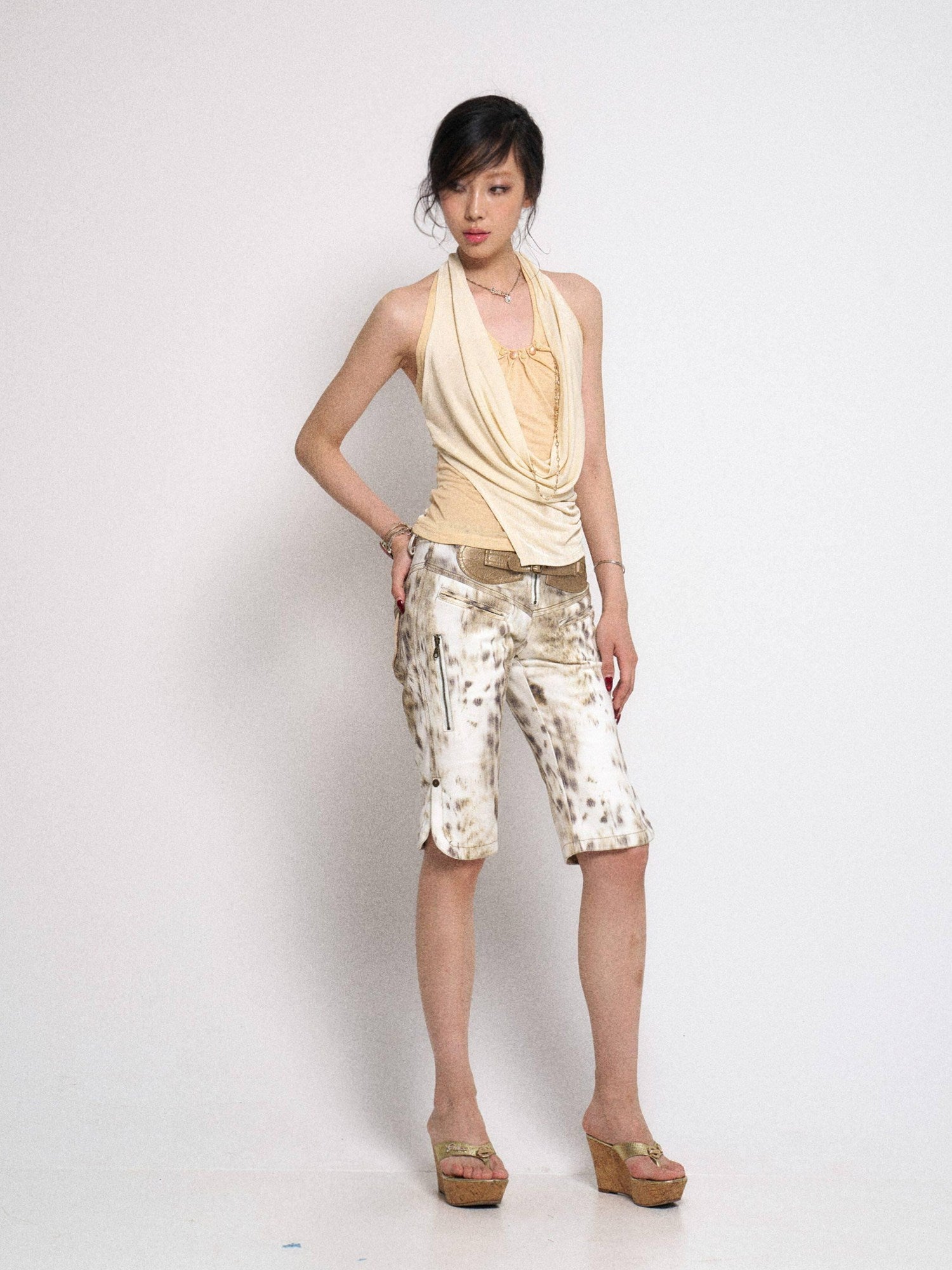 Flowers birds Market Soft Lyocell Ruched Halter Slim Backless Tie Asymmetric Cream Women Tank Tops