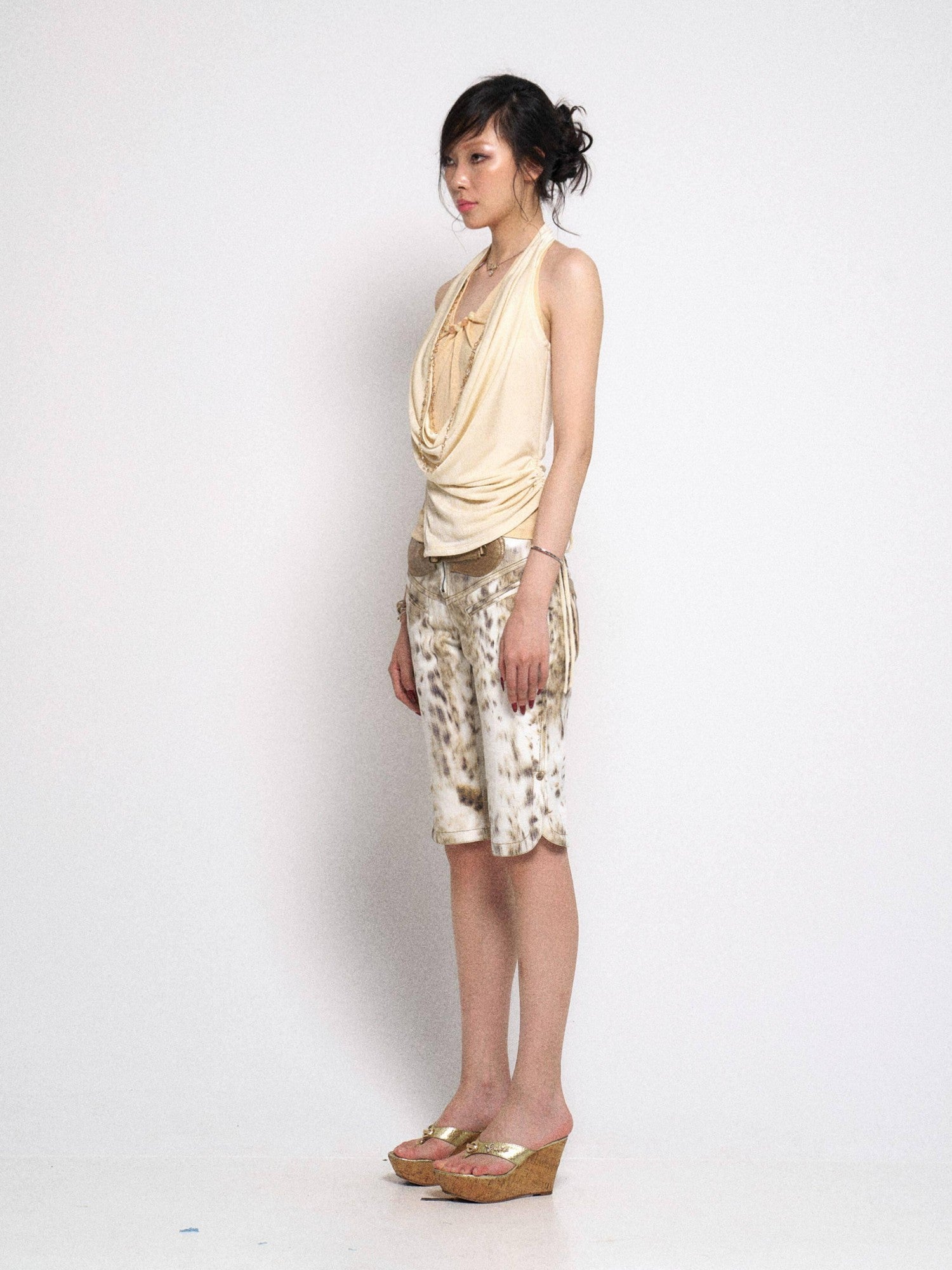 Flowers birds Market Soft Lyocell Ruched Halter Slim Backless Tie Asymmetric Cream Women Tank Tops