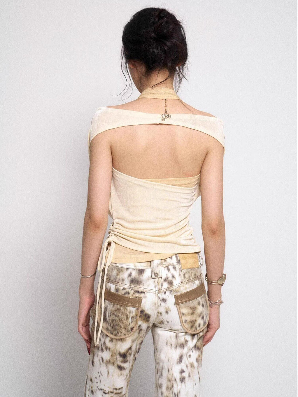 Flowers birds Market Soft Lyocell Ruched Halter Slim Backless Tie Asymmetric Cream Women Tank Tops