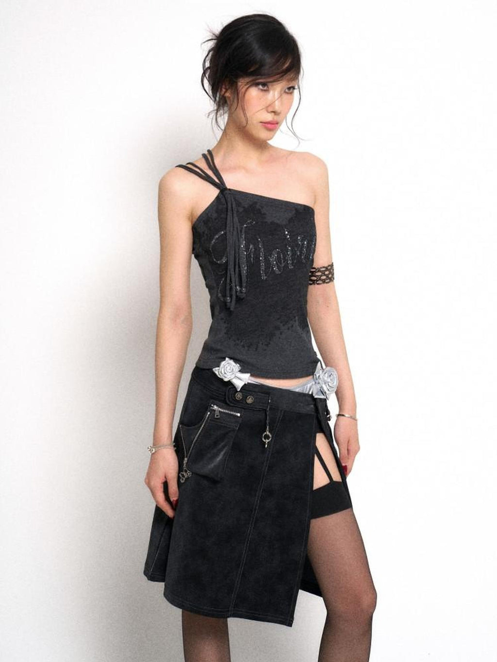 Flowers birds Market Soft Stretch Cotton Letter Print Tie Strap Asymmetric Original Women Camisoles