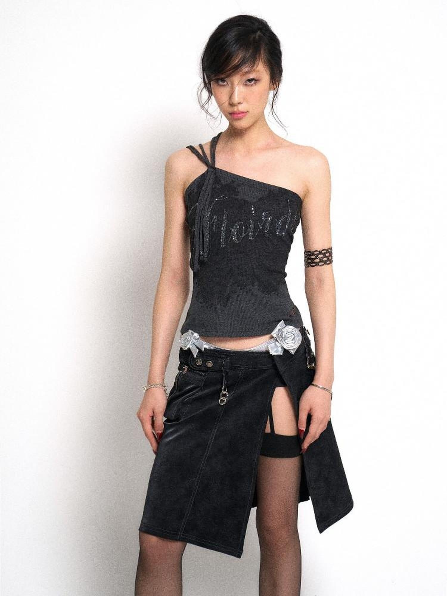 Flowers birds Market Soft Stretch Cotton Letter Print Tie Strap Asymmetric Original Women Camisoles
