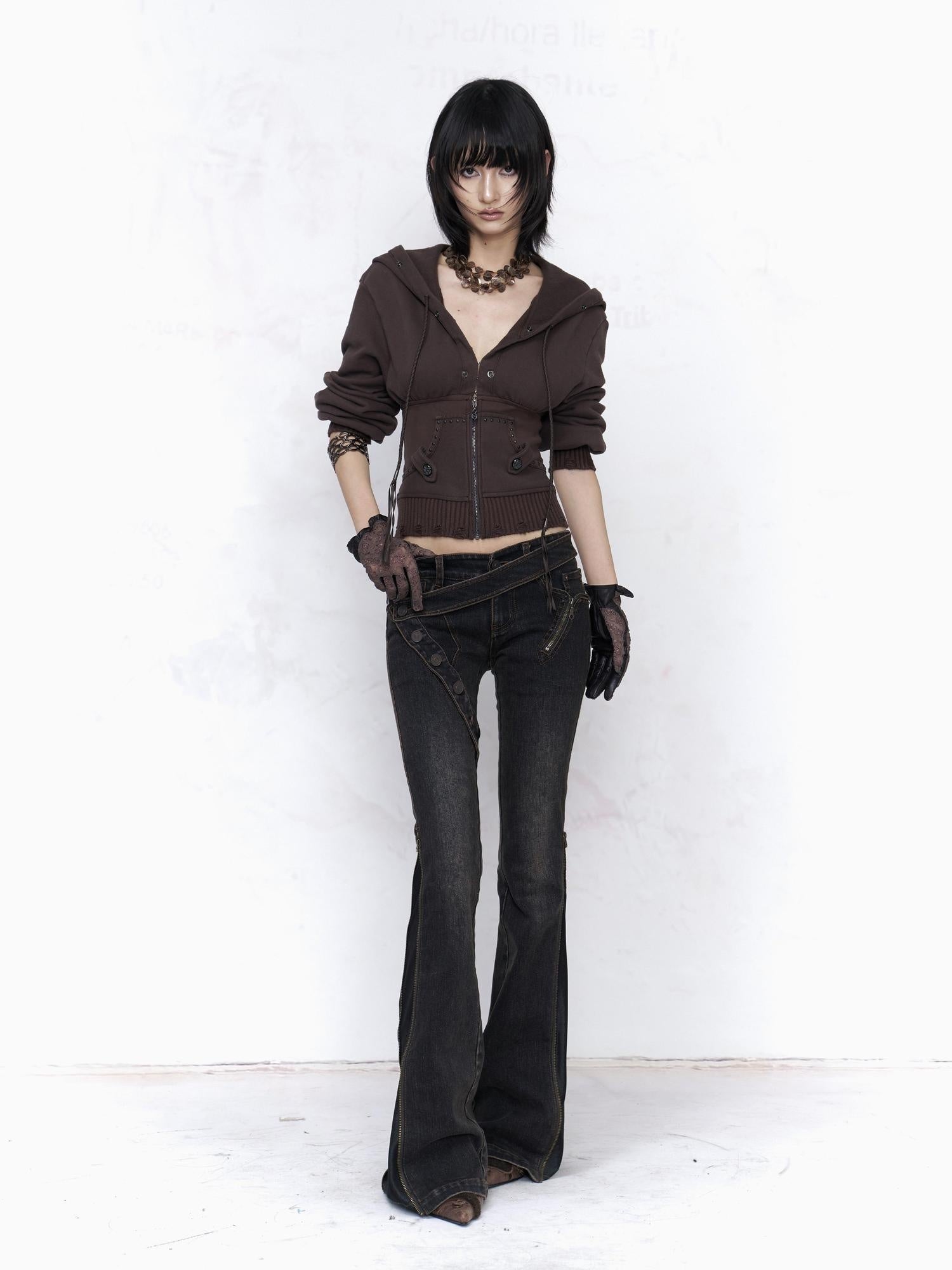 Flowers birds Market Vintage Washed Low Rise Micro Flare Women Distressed Cotton Flare Jeans