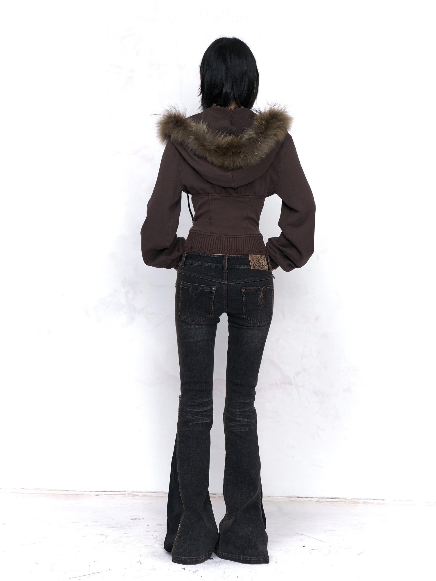 Flowers birds Market Vintage Washed Low Rise Micro Flare Women Distressed Cotton Flare Jeans