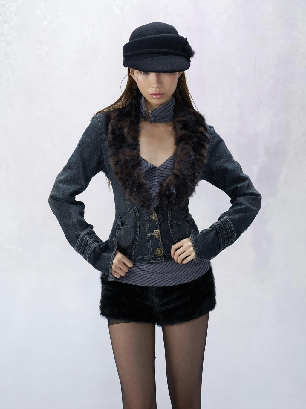 Flowers birds Market Waist Cinch Vintage Slim Cropped Button Removable Collar Women Denim Jackets