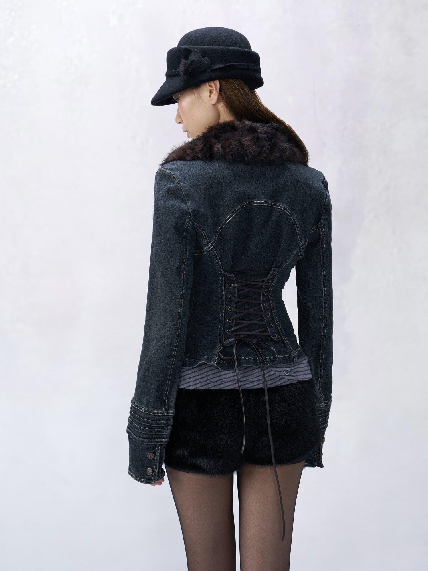 Flowers birds Market Waist Cinch Vintage Slim Cropped Button Removable Collar Women Denim Jackets