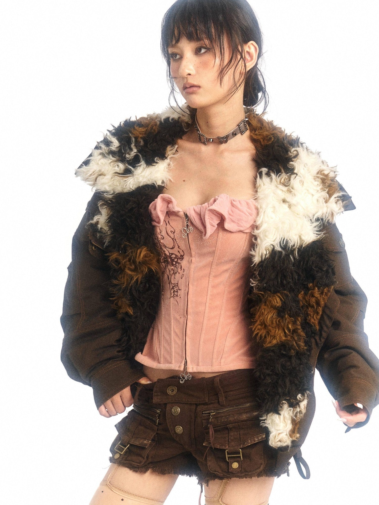 Flowers birds Market Warm Fleece Lined Cotton Street Oversized Midlength Zip Casual Jackets