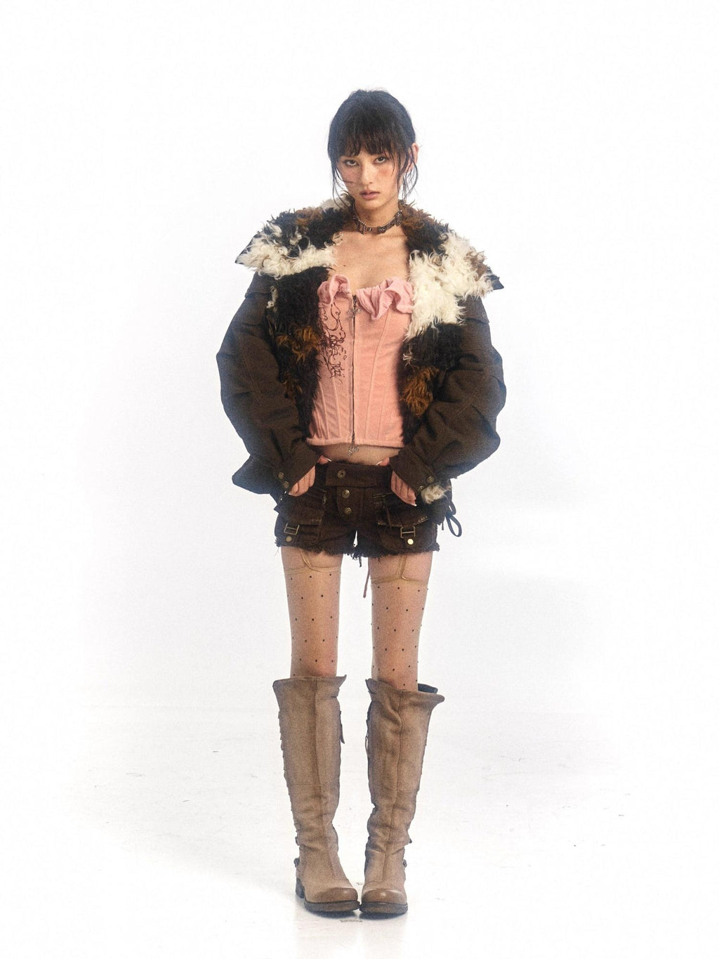 Flowers birds Market Warm Fleece Lined Cotton Street Oversized Midlength Zip Casual Jackets