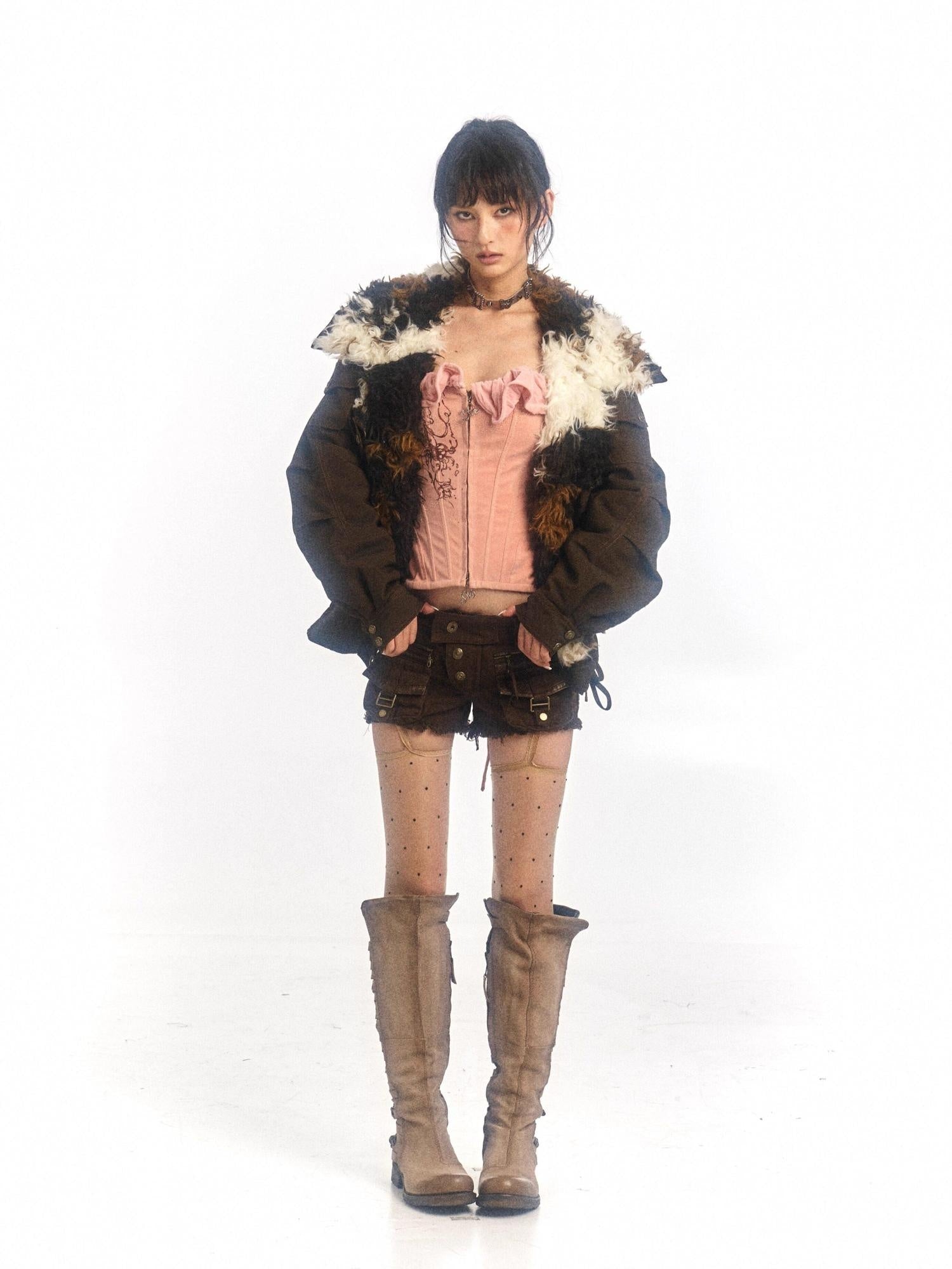 Flowers birds Market Warm Fleece Lined Cotton Street Oversized Midlength Zip Casual Jackets
