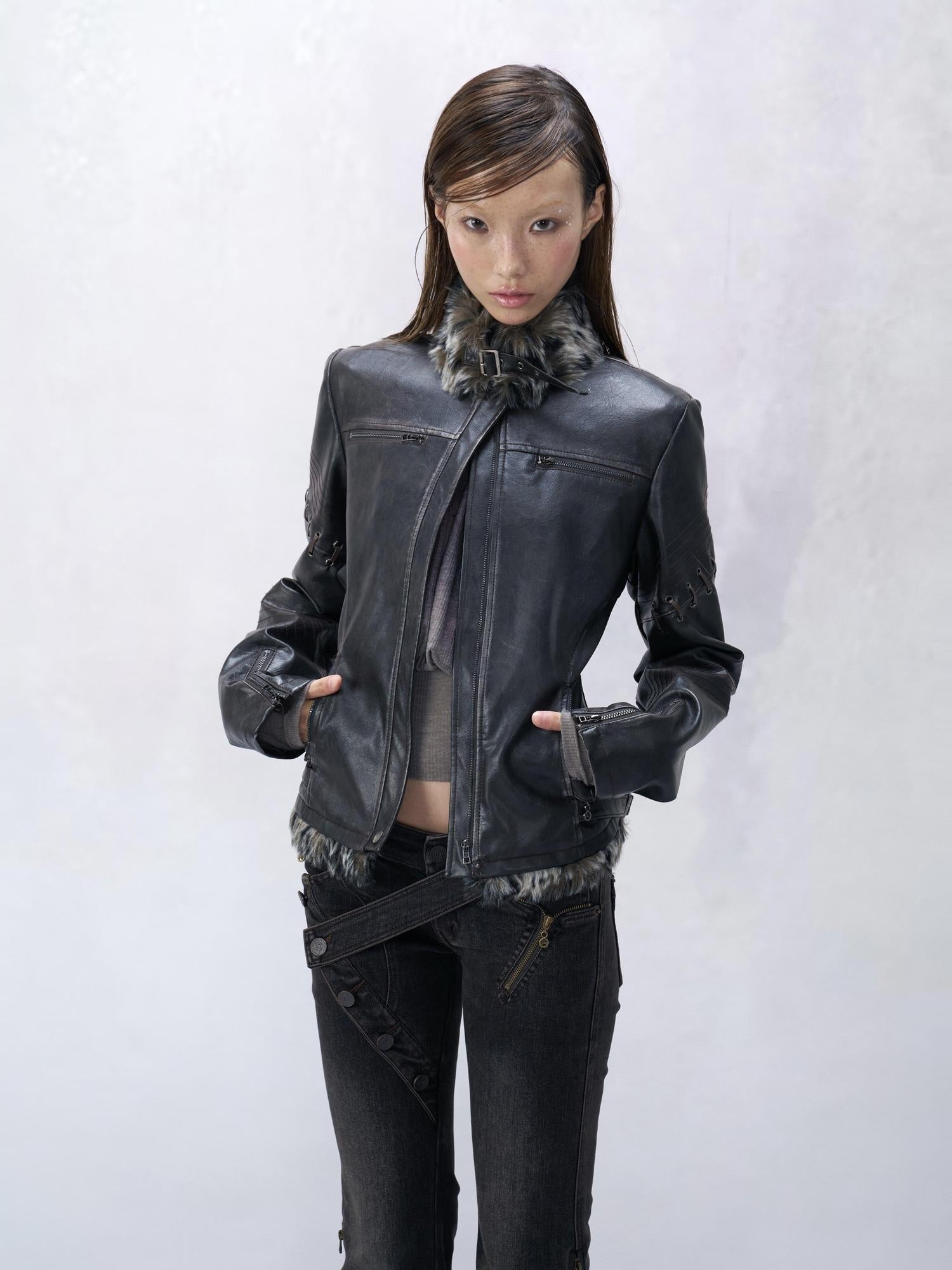 Flowers birds Market Warm Fur Collar Techwear Short Zip Youth Long Sleeve Black Brown Leather Jackets