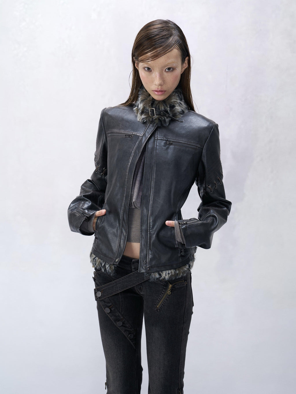 Flowers birds Market Warm Fur Collar Techwear Short Zip Youth Long Sleeve Black Brown Leather Jackets