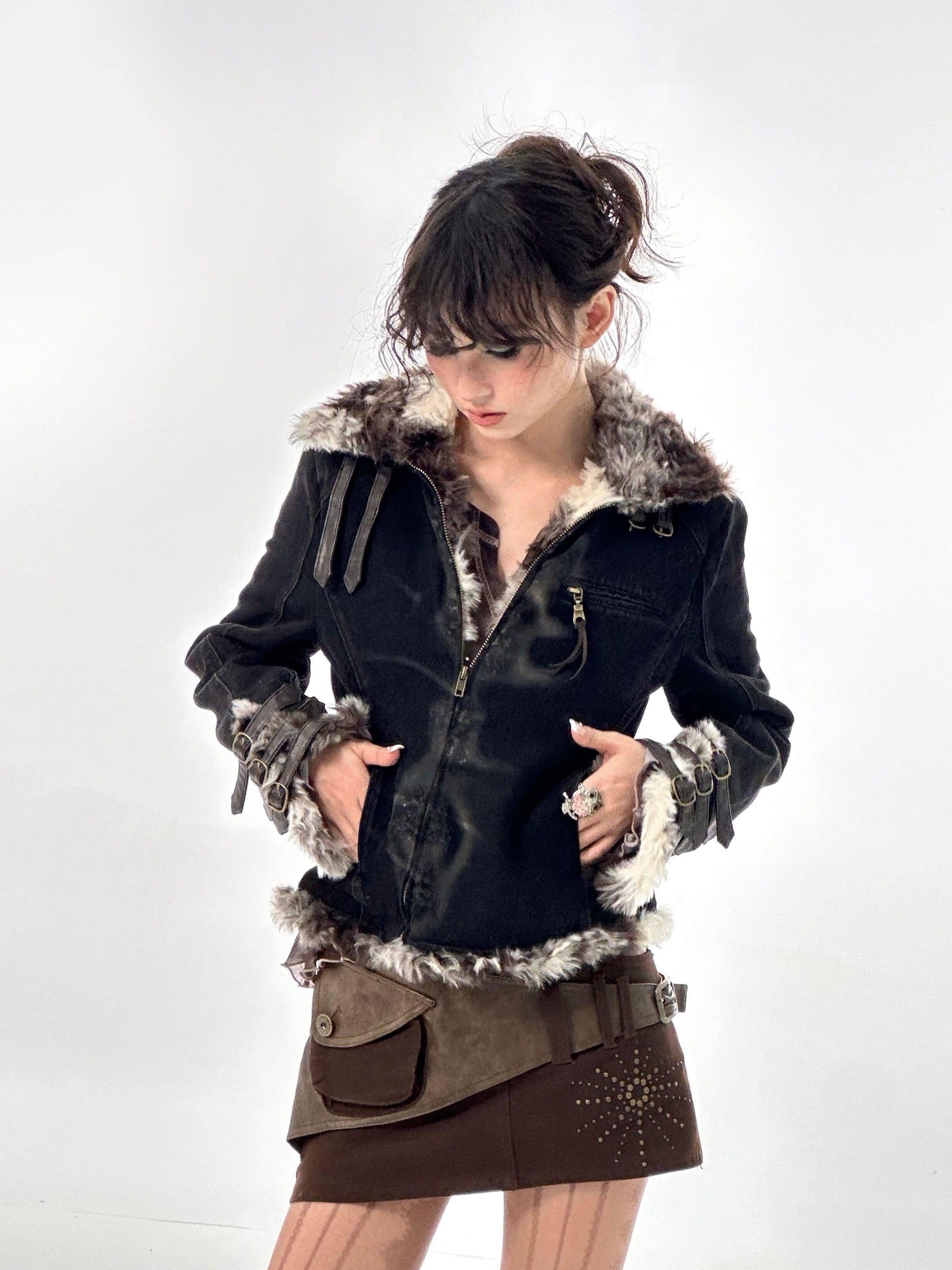 Flowers birds Market Warmth Original Straight Cotton Denim Collar Women Black Puffer Jackets
