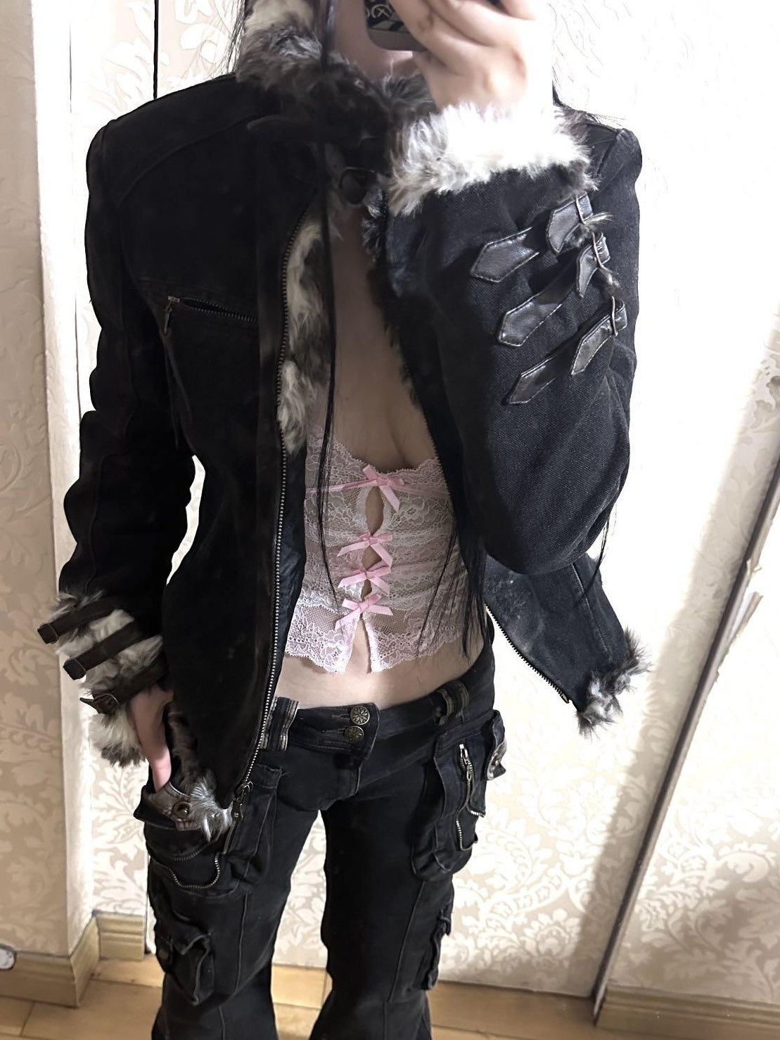 Flowers birds Market Warmth Original Straight Cotton Denim Collar Women Black Puffer Jackets