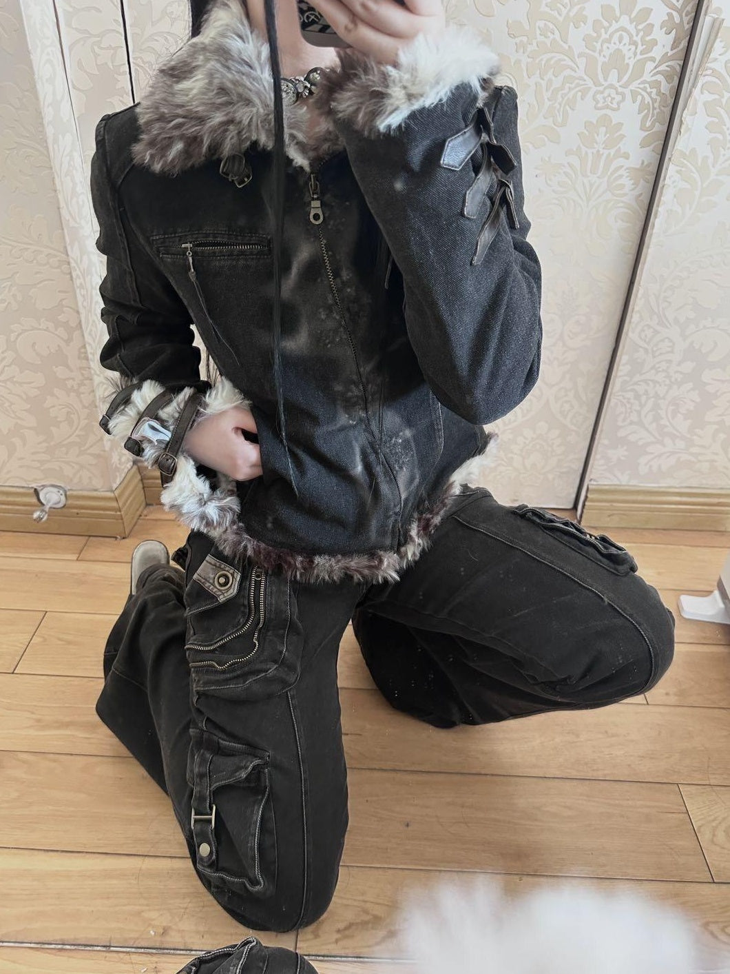 Flowers birds Market Warmth Original Straight Cotton Denim Collar Women Black Puffer Jackets