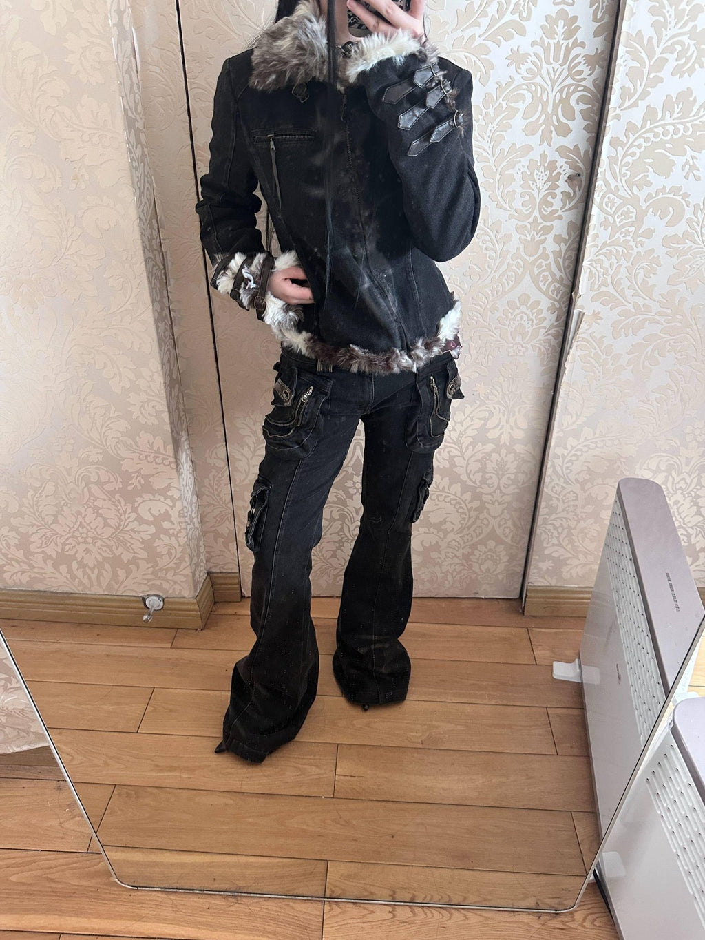 Flowers birds Market Warmth Original Straight Cotton Denim Collar Women Black Puffer Jackets
