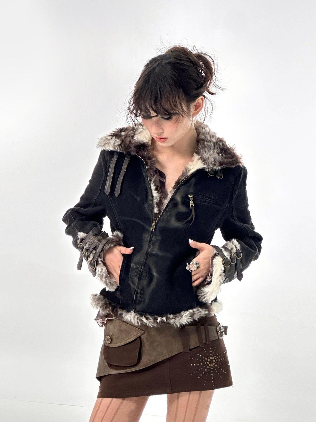 Flowers birds Market Warmth Original Straight Cotton Denim Collar Women Black Puffer Jackets
