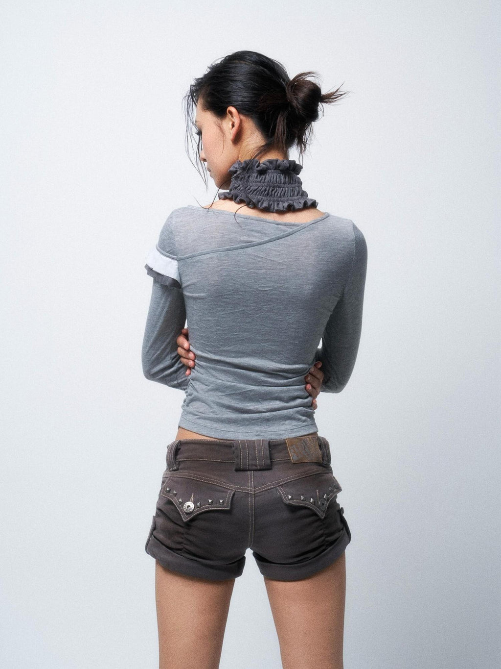 Flowers birds Market Washed High Waist Slim Light Stretch Casual Women Button Blue Gray Denim Shorts