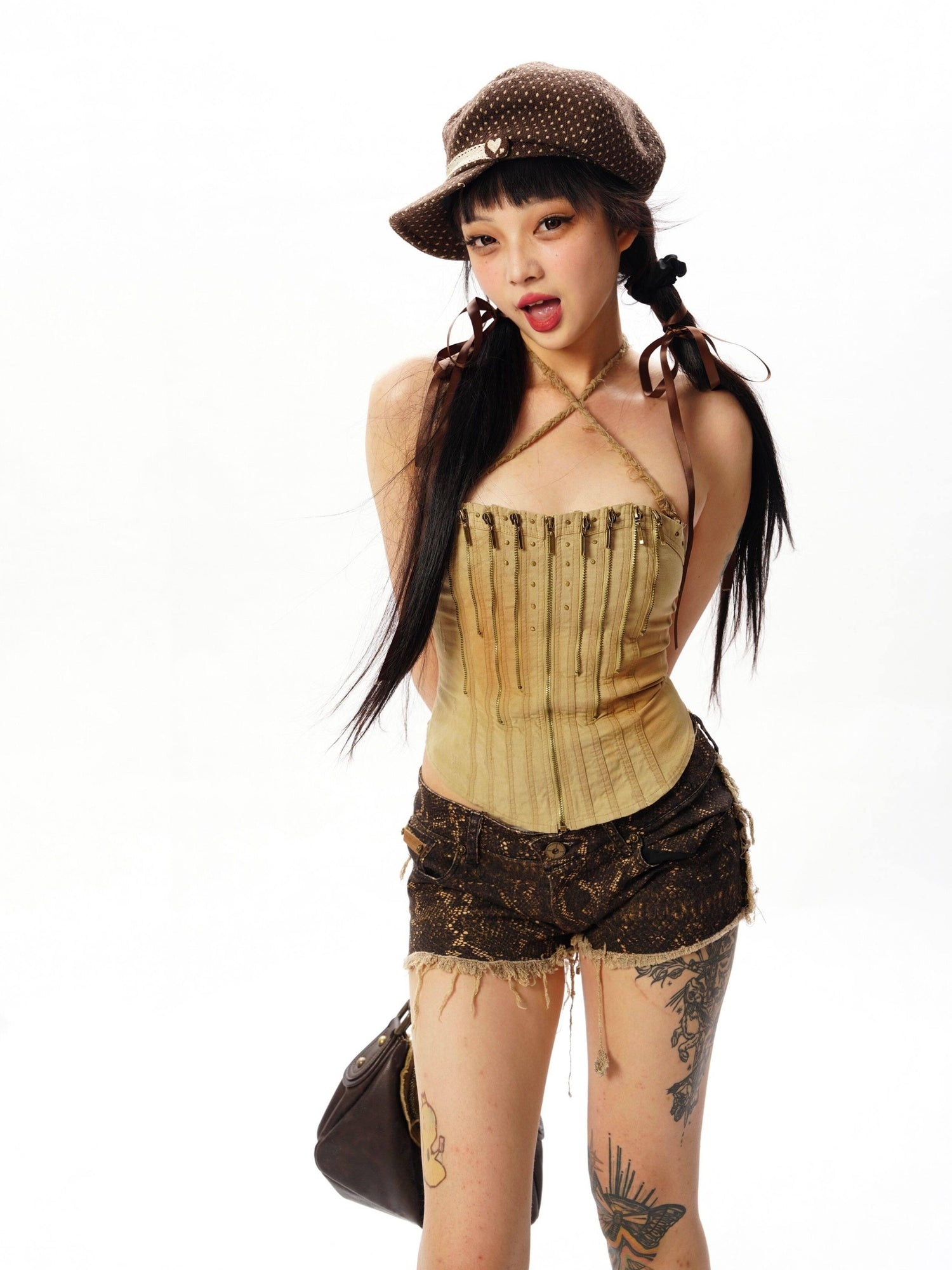 Flowers birds Market Washed Low Rise Stretch Sexy Skinny Women Denim Black Gold Short Trousers