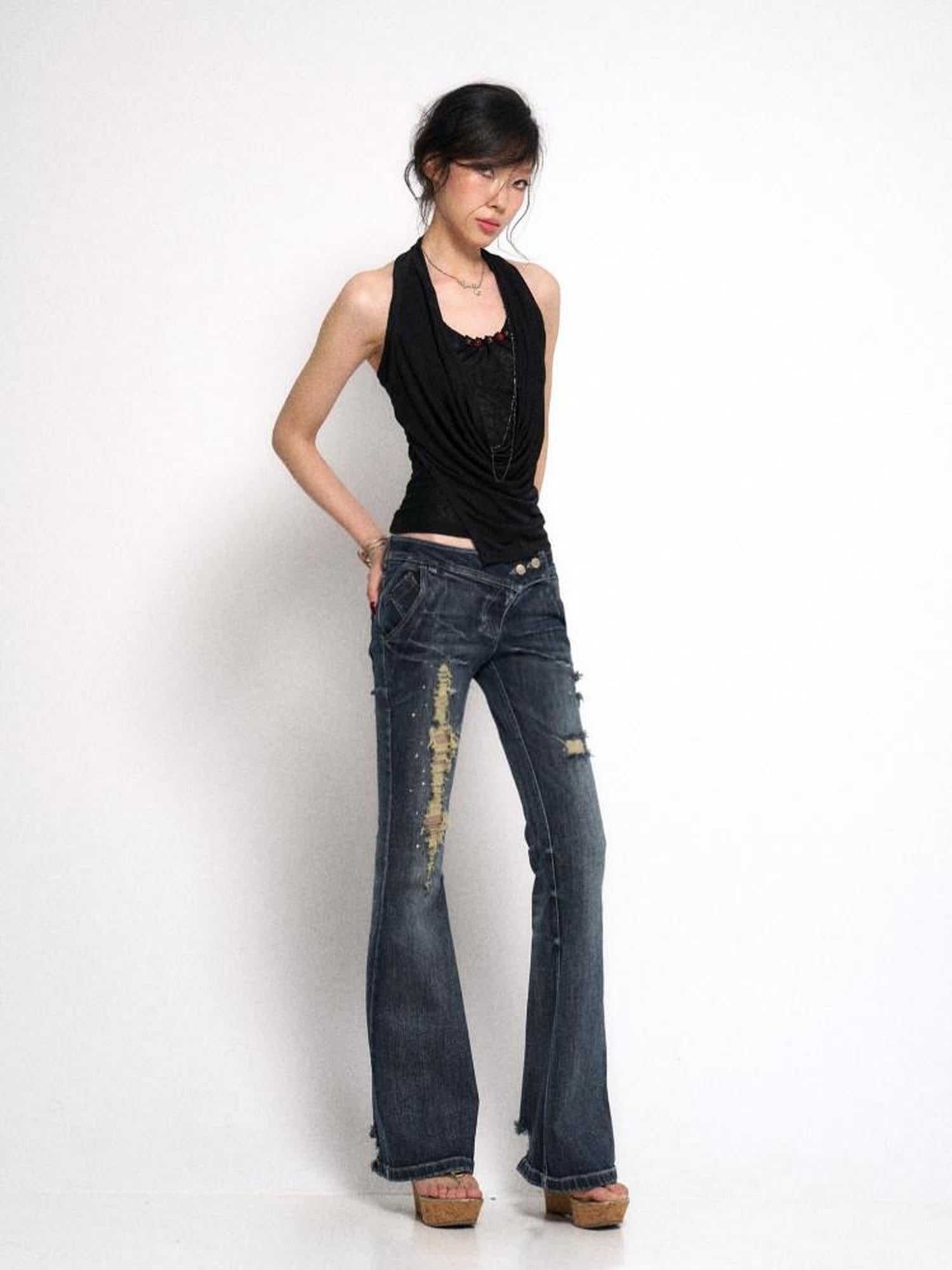Flowers birds Market Washed Vintage Ripped Lowrise Slim Flare Cotton Stretch Deep Blue Straight Pants