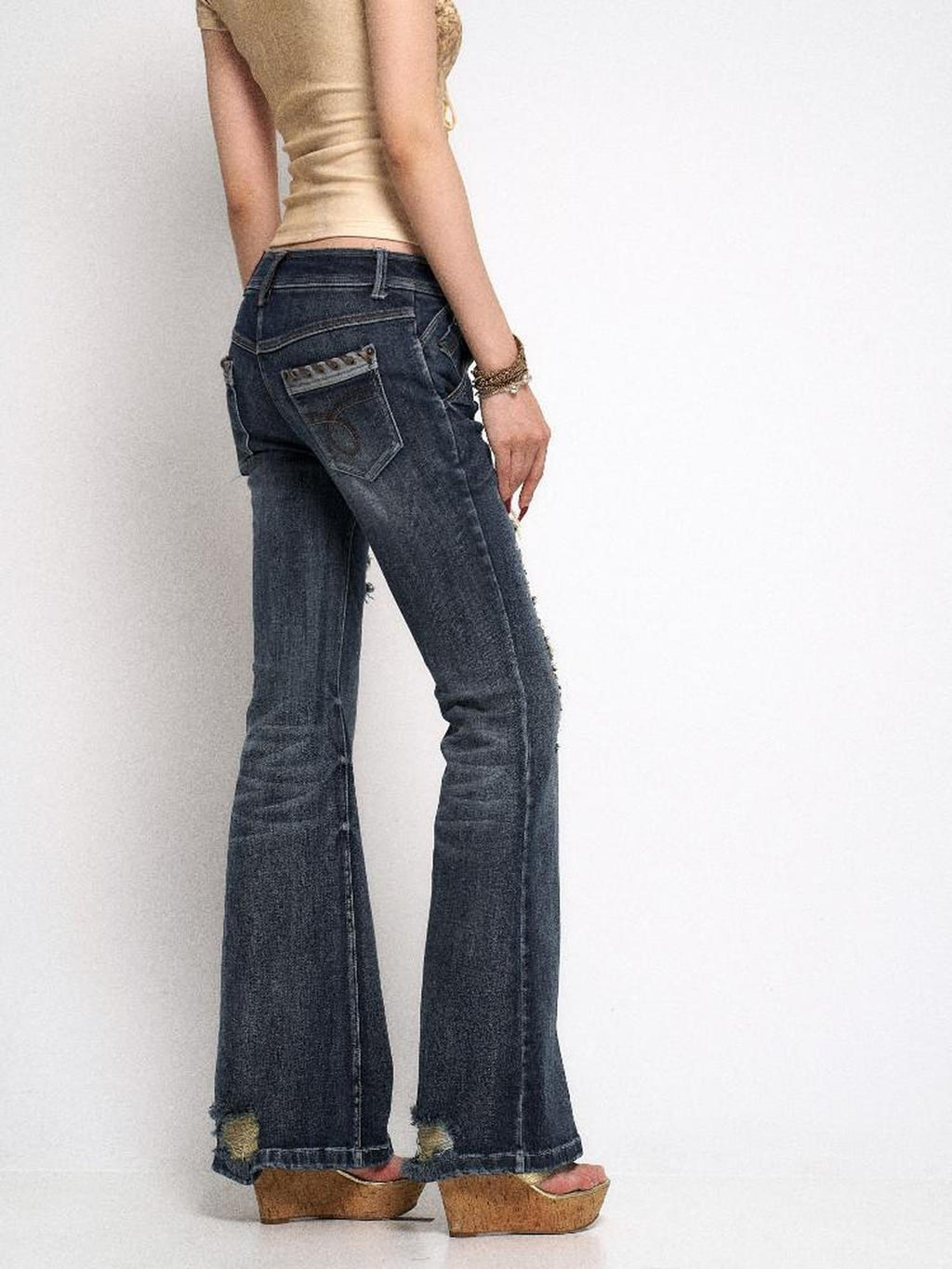 Flowers birds Market Washed Vintage Ripped Lowrise Slim Flare Cotton Stretch Deep Blue Straight Pants