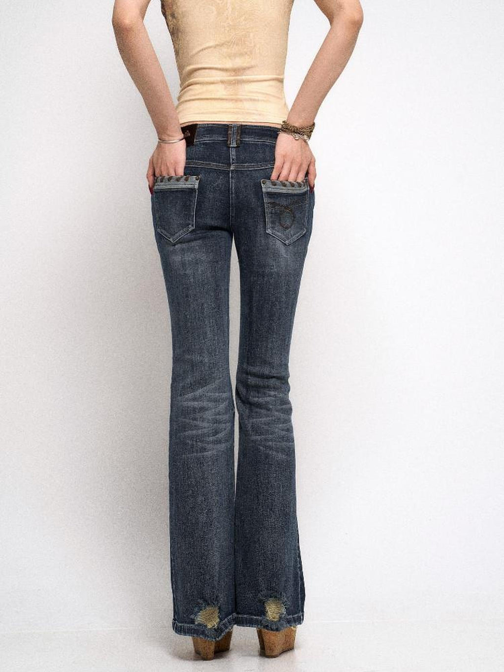 Flowers birds Market Washed Vintage Ripped Lowrise Slim Flare Cotton Stretch Deep Blue Straight Pants