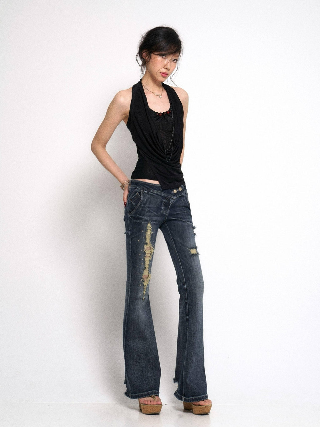 Flowers birds Market Washed Vintage Ripped Lowrise Slim Flare Cotton Stretch Deep Blue Straight Pants