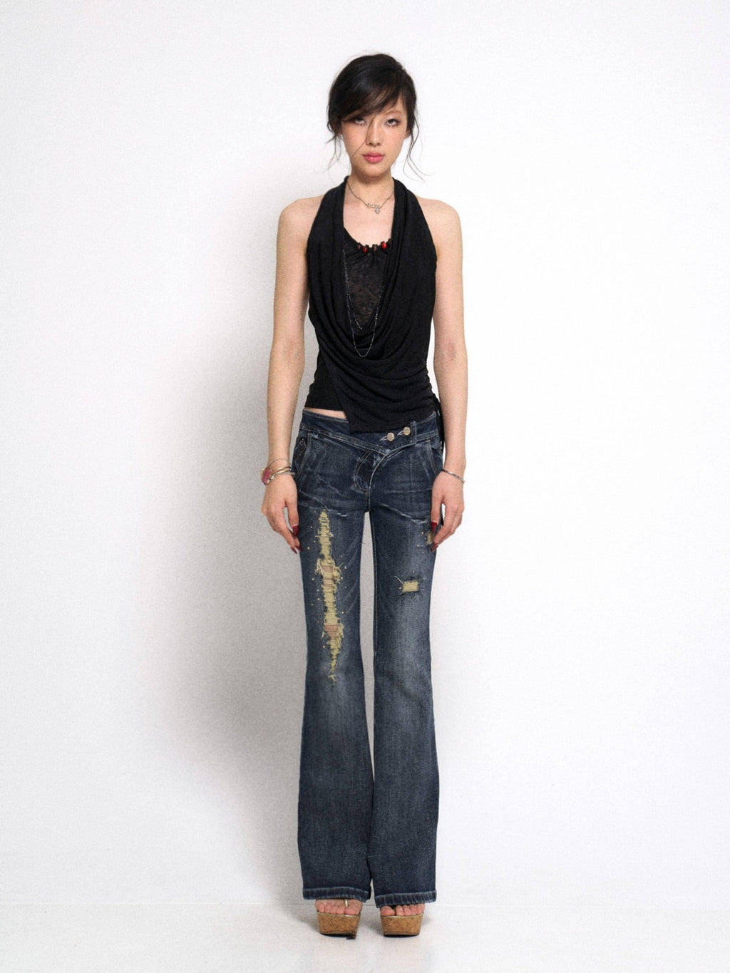 Flowers birds Market Washed Vintage Ripped Lowrise Slim Flare Cotton Stretch Deep Blue Straight Pants