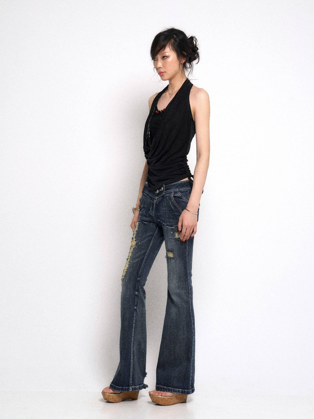 Flowers birds Market Washed Vintage Ripped Lowrise Slim Flare Cotton Stretch Deep Blue Straight Pants