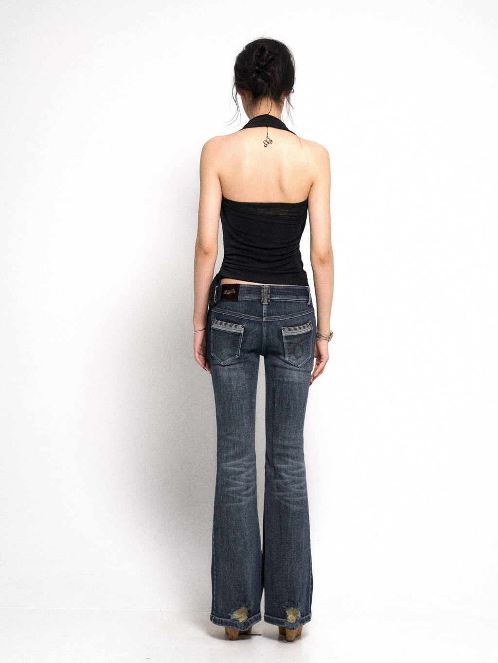 Flowers birds Market Washed Vintage Ripped Lowrise Slim Flare Cotton Stretch Deep Blue Straight Pants