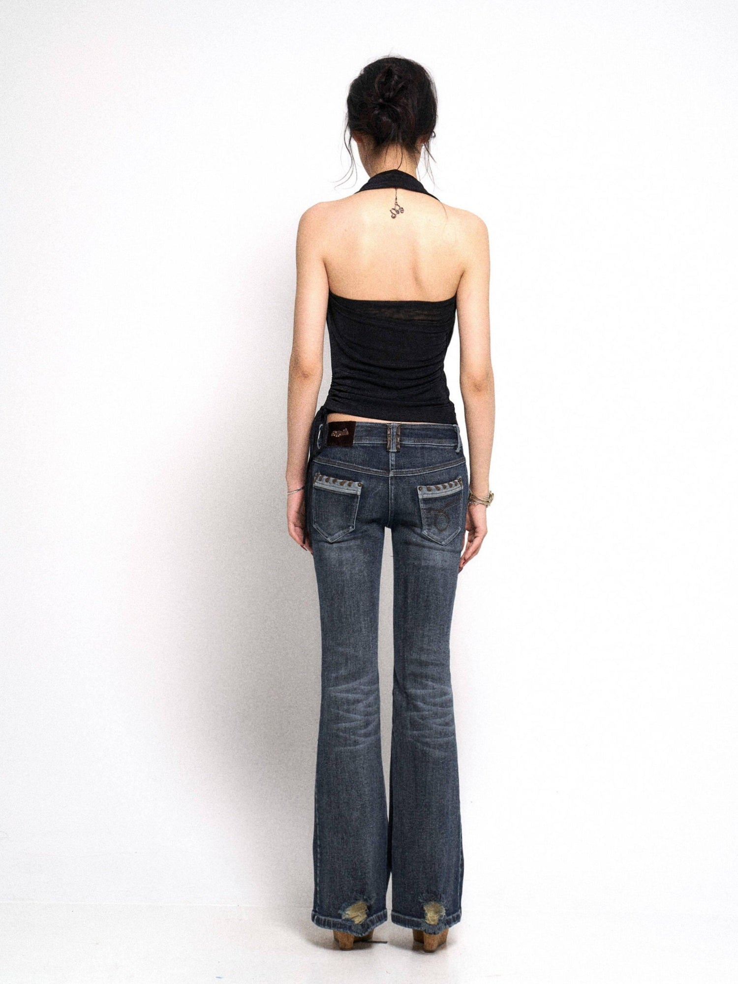 Flowers birds Market Washed Vintage Ripped Lowrise Slim Flare Cotton Stretch Deep Blue Straight Pants