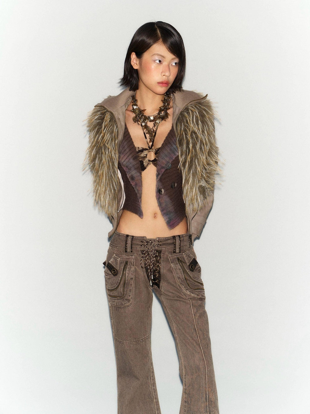 Flowers birds Market Windproof Removable Faux Fur Slim Fit Street Women Gray Green Leather Jackets