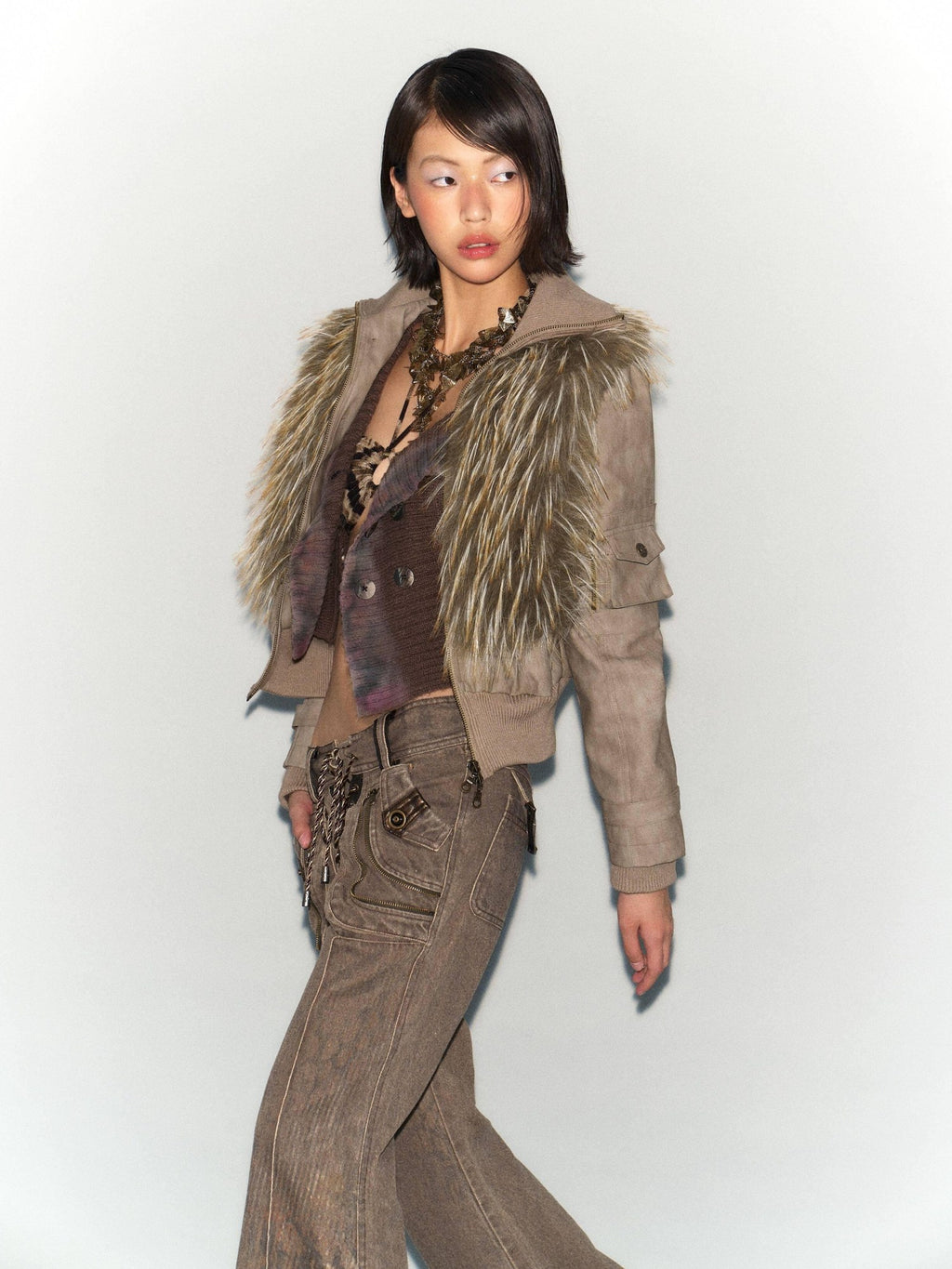 Flowers birds Market Windproof Removable Faux Fur Slim Fit Street Women Gray Green Leather Jackets