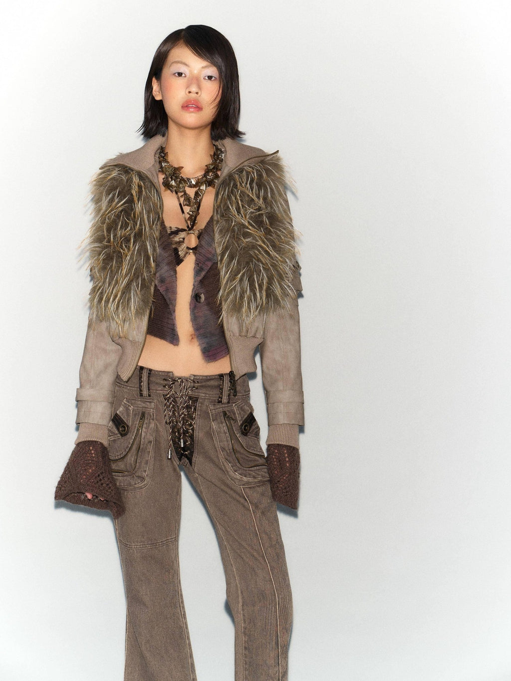 Flowers birds Market Windproof Removable Faux Fur Slim Fit Street Women Gray Green Leather Jackets