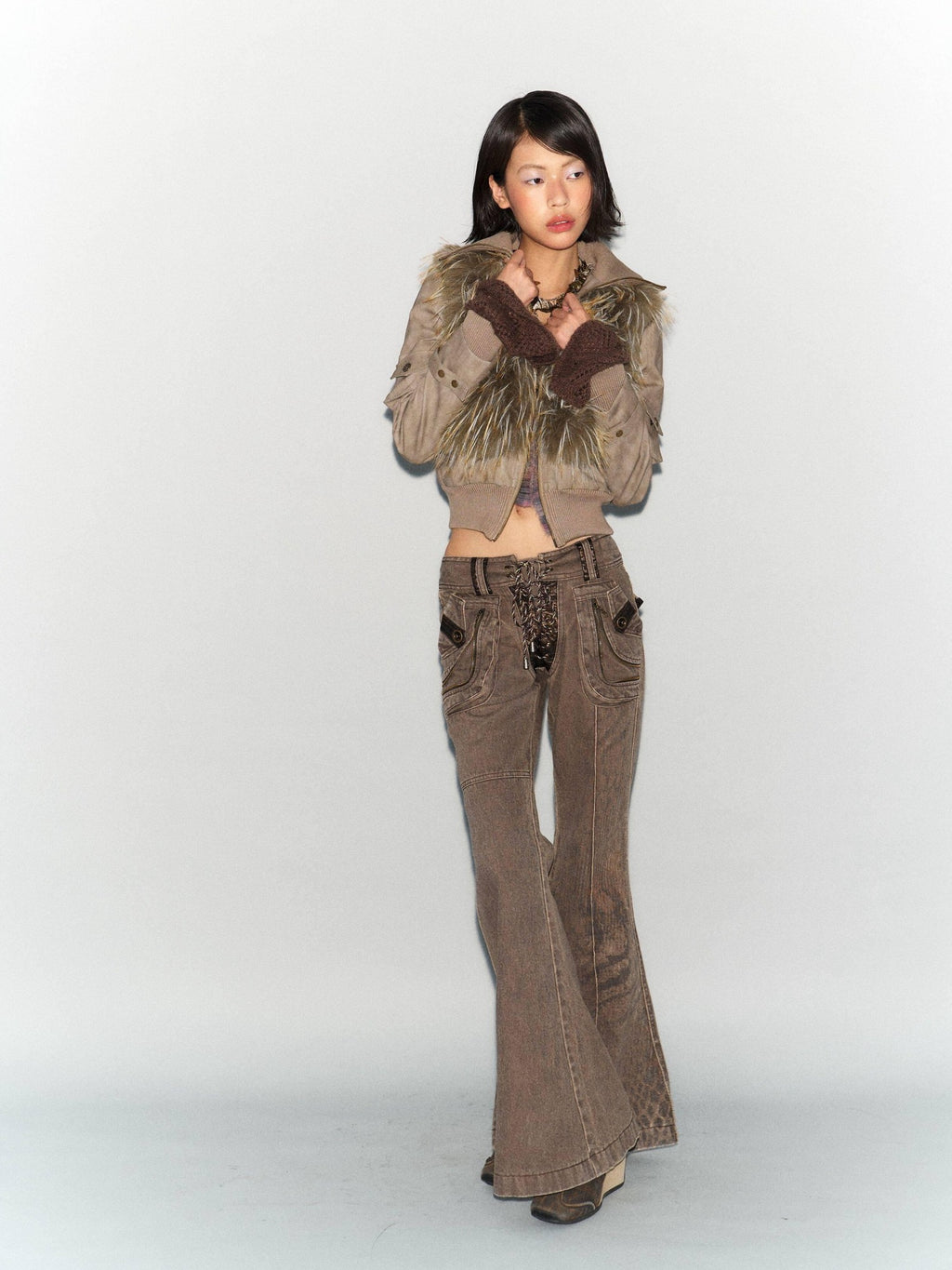 Flowers birds Market Windproof Removable Faux Fur Slim Fit Street Women Gray Green Leather Jackets